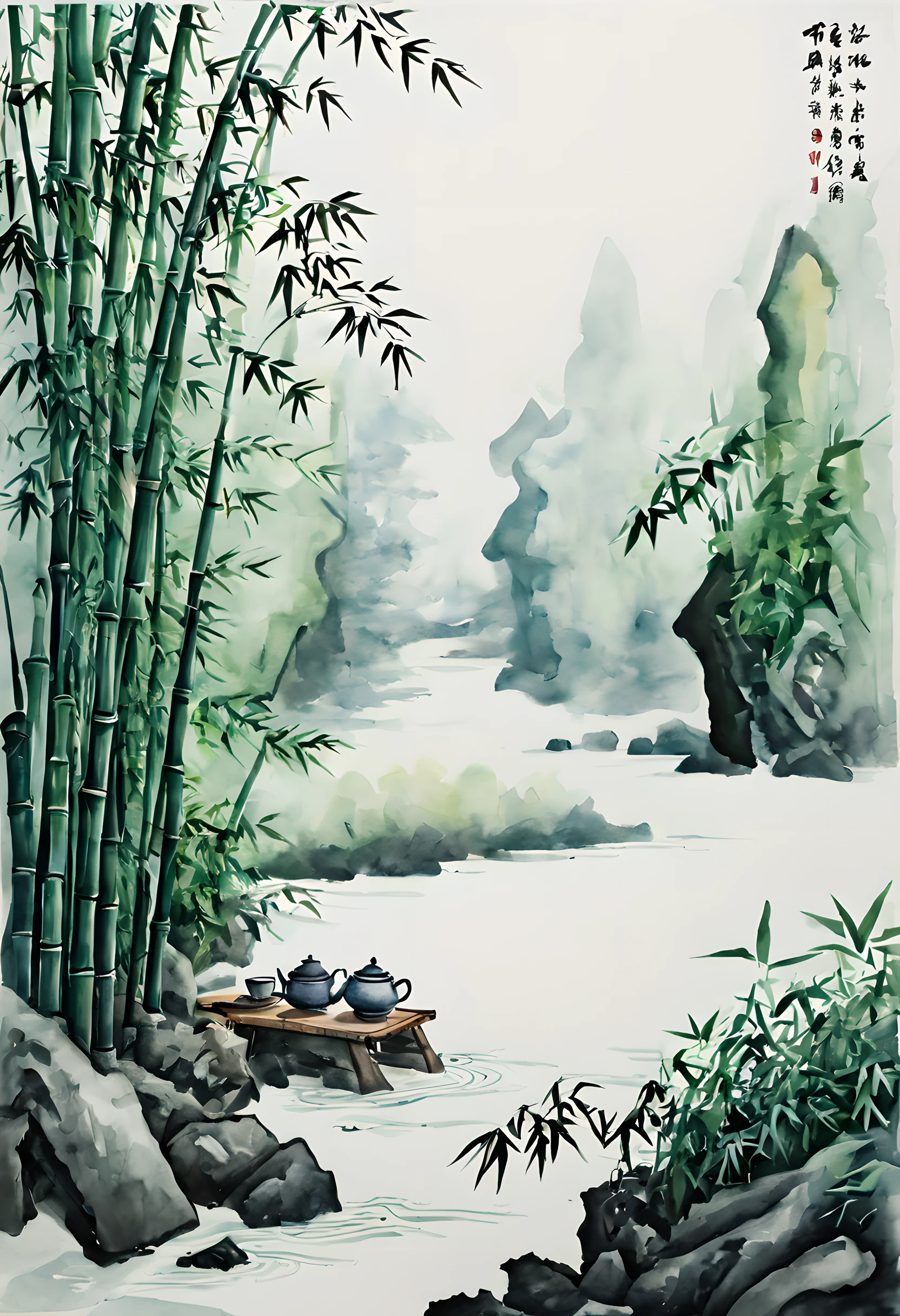 (Tea:1.5), (ink and watercolor painting:1.5), (Tasteful:1.5), (ink and watercolor painting:1.5), (full color:1.5), 8k, 4k, (landscapes:1.5), (tea time:1.5), (Bamboo bush:1.5), (600s:1.5),
