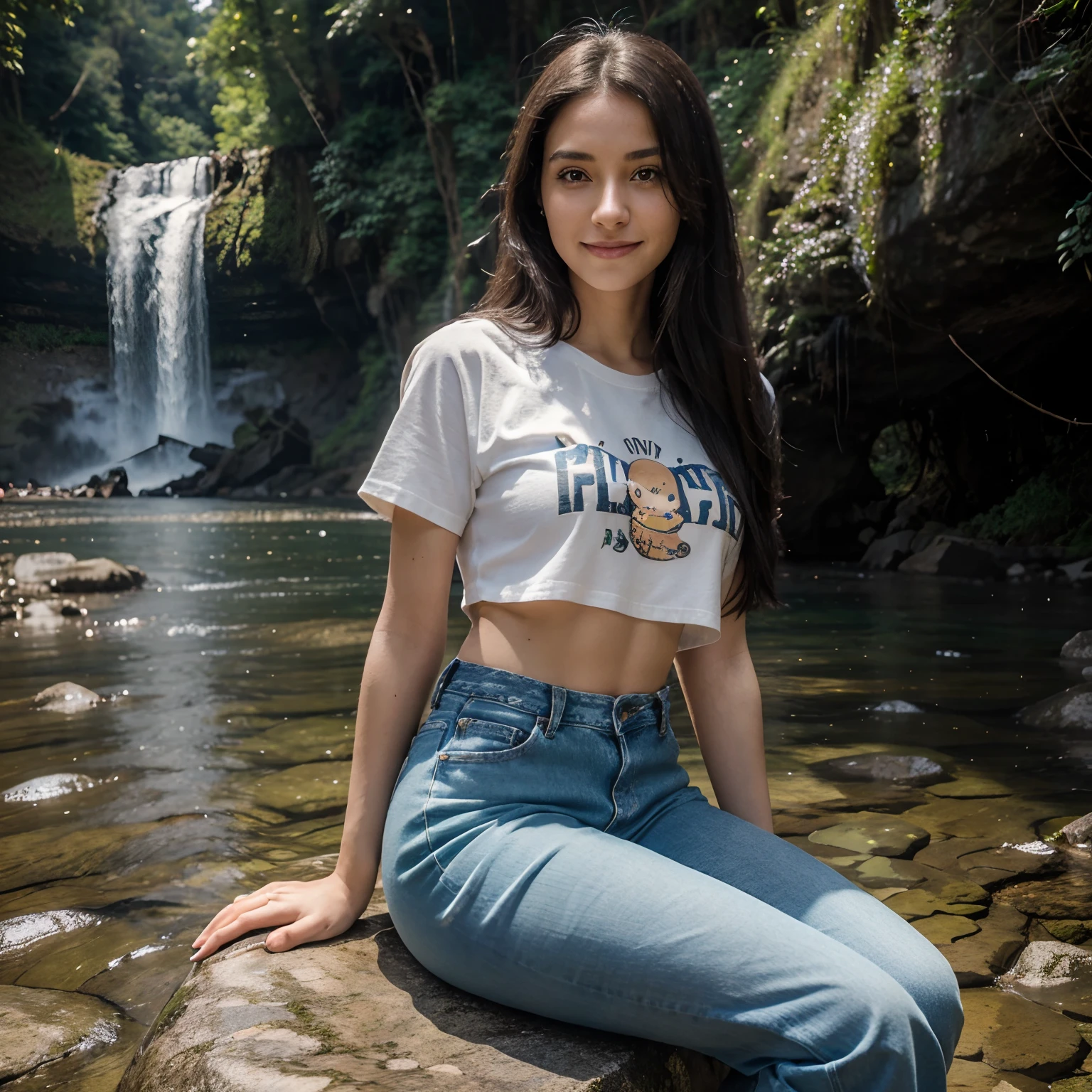 One woman of about 20 years old, black long hair, body measurement 36-25-36, height 5'7", Hazel eyes, wearing long baggy jeans and kawaii t shirt , sitting on a rock near a river with her hand up, with a waterfalls, next to a waterfall, eating burger, eating, happy face, smiling, instagram model, tyndall effect, daylight, candid pose, Full Body full height Shooting, Masterpiece, RAW Photography, 8k, Top Quality, Fine Pore, Photorealistic, Ultra Detailed, (high skin detail:1.2),Extremely detailed,Intricate, sharp-focus