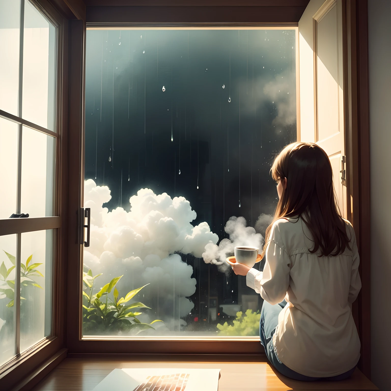 Two cups of hot tea, there's steam coming out of them, they're in front of a window, there's raindrops on the window, beautiful painting, watercolor style