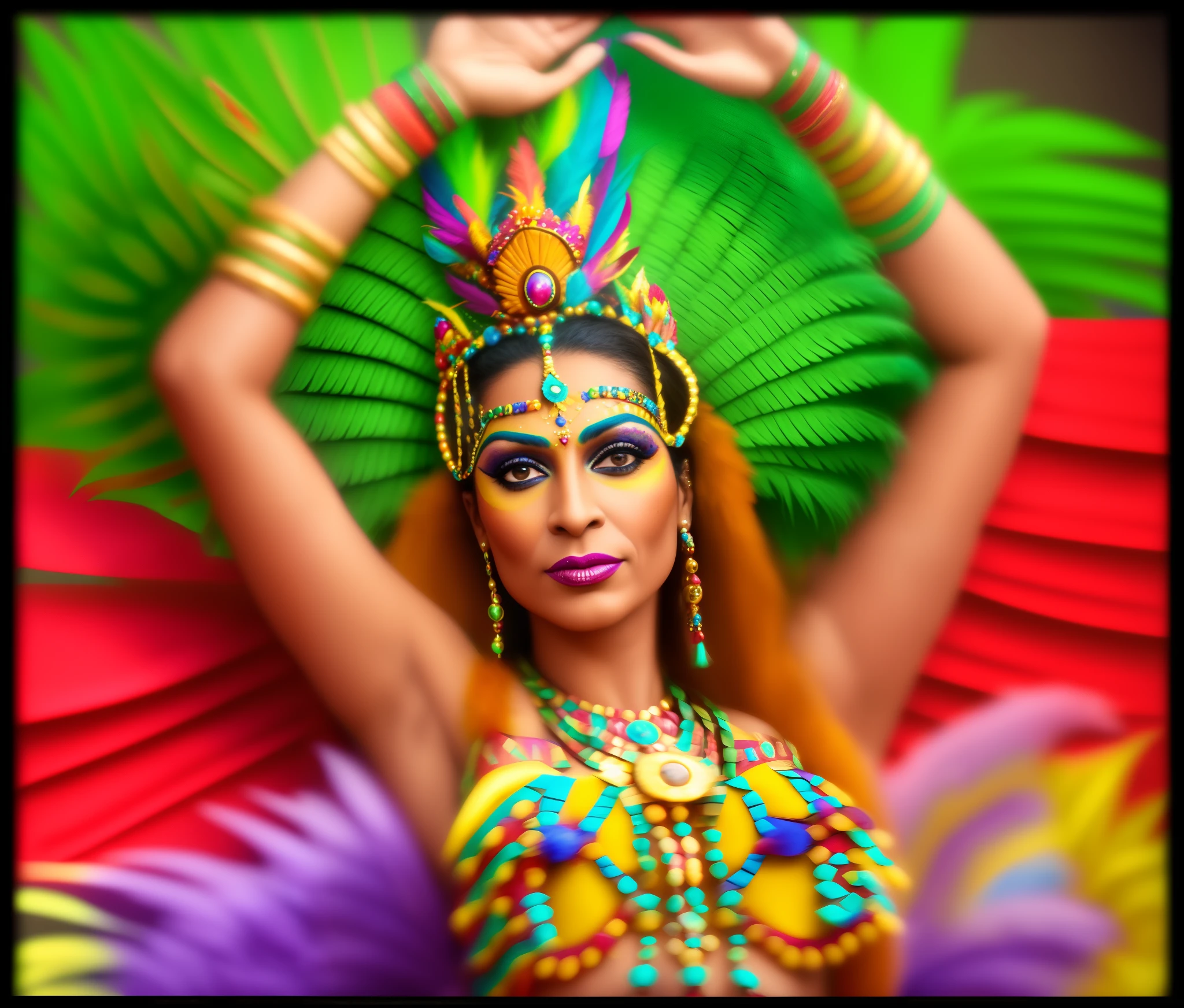 Wear colorful costumes，Alafidian woman with feathers and crown, epic 3 d oshun, carnival, Brazilian Carnival, Caribbean, reggae, Barranquilla Carnival, Carnival in the background, aztec queen, aztec empress, Carnival background, Belly dancing, portrait of modern darna, depiction, rave festival, aztec fantasy, Avatar image, gogo dancer