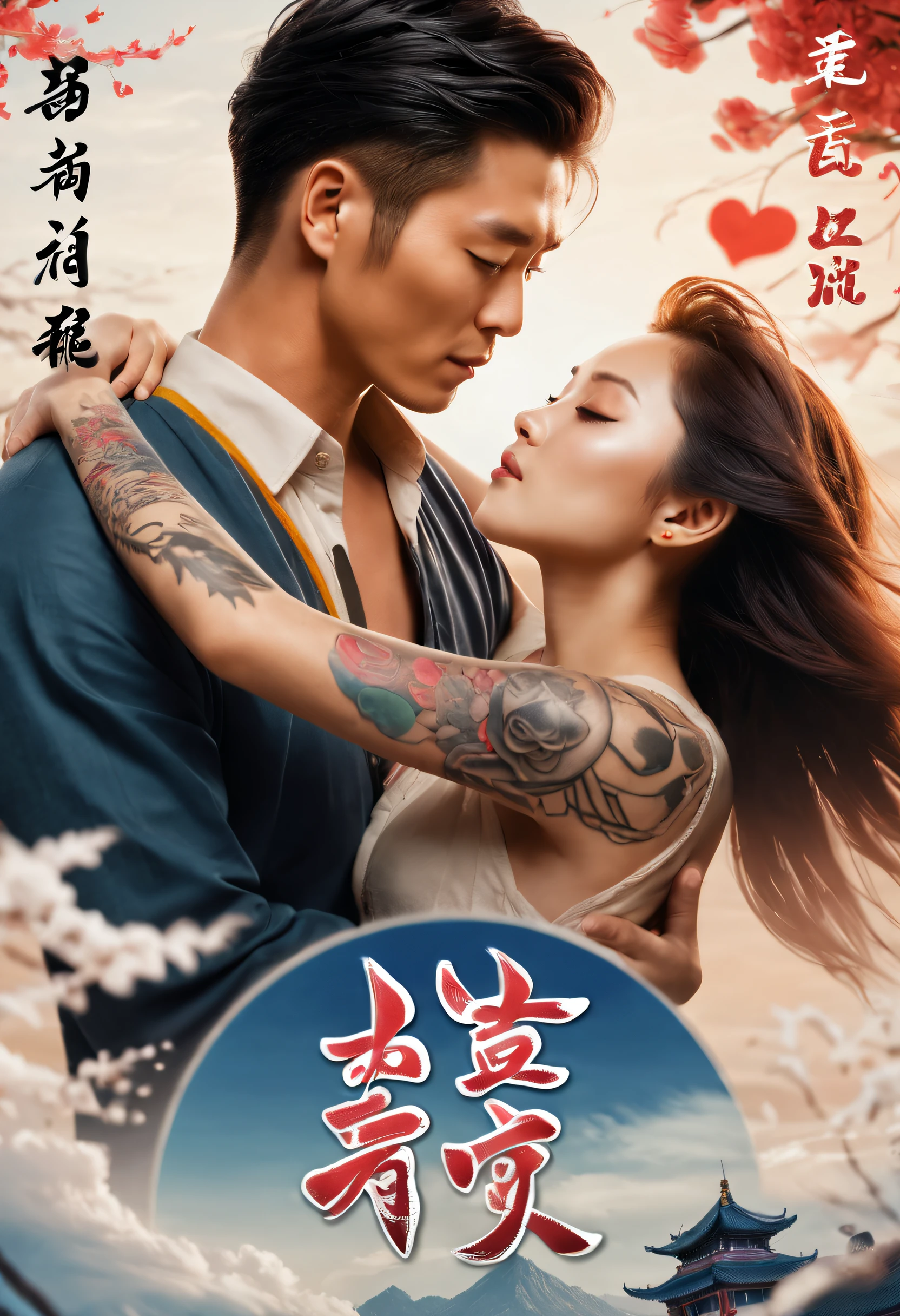 Romantic couple kissing in the wind,filmposter,poster for,charact,Huge eye-catching English text,English text,Close-up of English picture, A badge with white English letters, English title, English text Chinese characters, English word tattoos and decals, English text, English kanji
