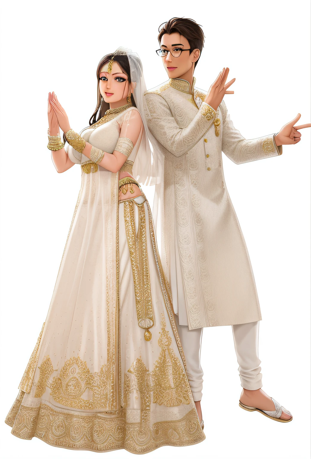 bride and groom in traditional indian attire posing for a picture, movie promotional image, promo image, full body in shot, ad image, without background, traditional clothing, bollywood, promotional image, full image, promotional picture, traditional clothes, white bg, background, 'white background'!!!, happy couple, transparent background, backdrop, lovely couple, trending ,, promotional images clean hand