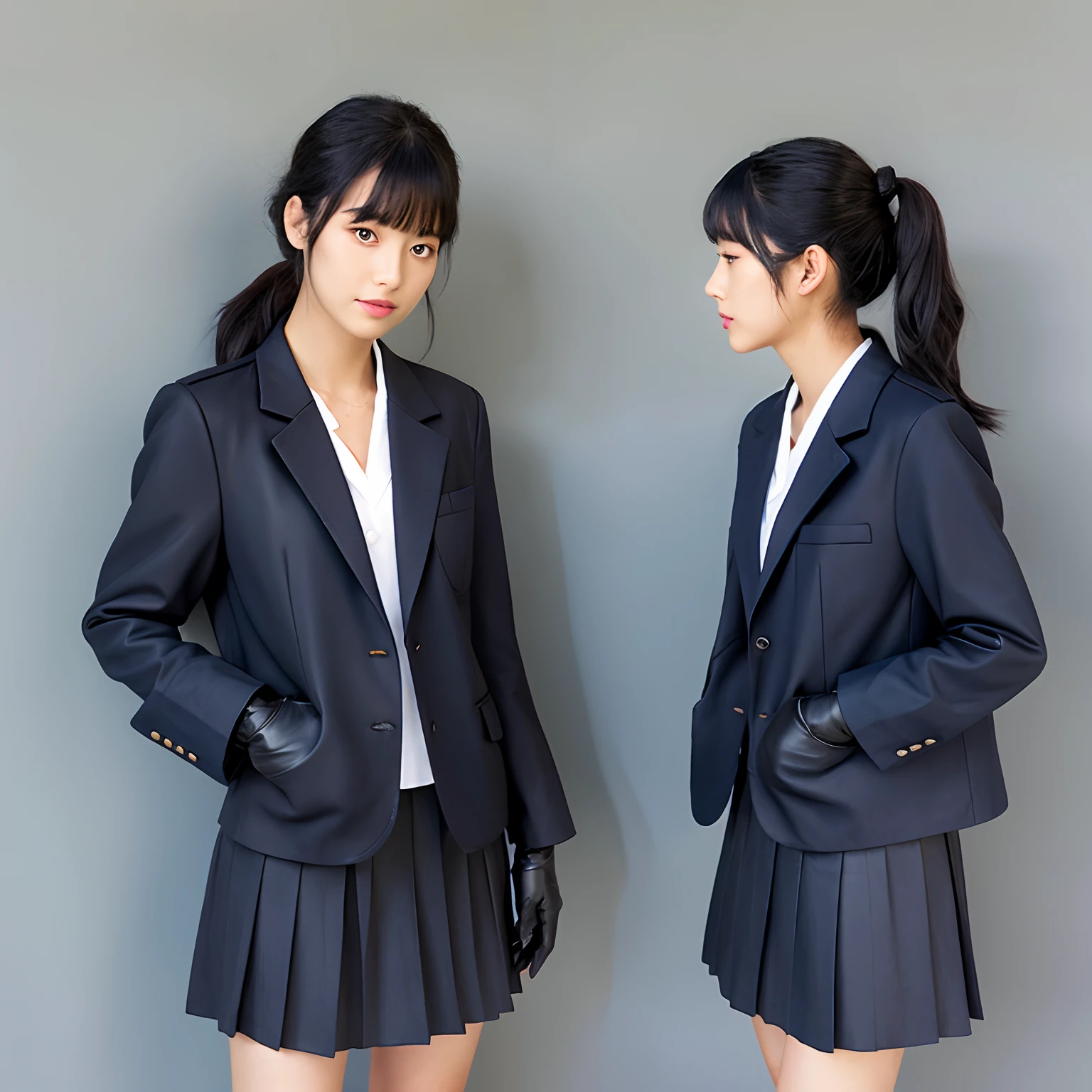 He wears black leather gloves on both hands、The hem is in the sleeves of a navy blue blazer、Navy blue vest under a navy blue blazer、He wears a navy blue blazer over it、The length of the blazer is slightly below the crotch、Navy blue pleated skirt、Black leather long boots(He wears black leather gloves on both hands)、Japanese high school  girl、Black hair ponytail