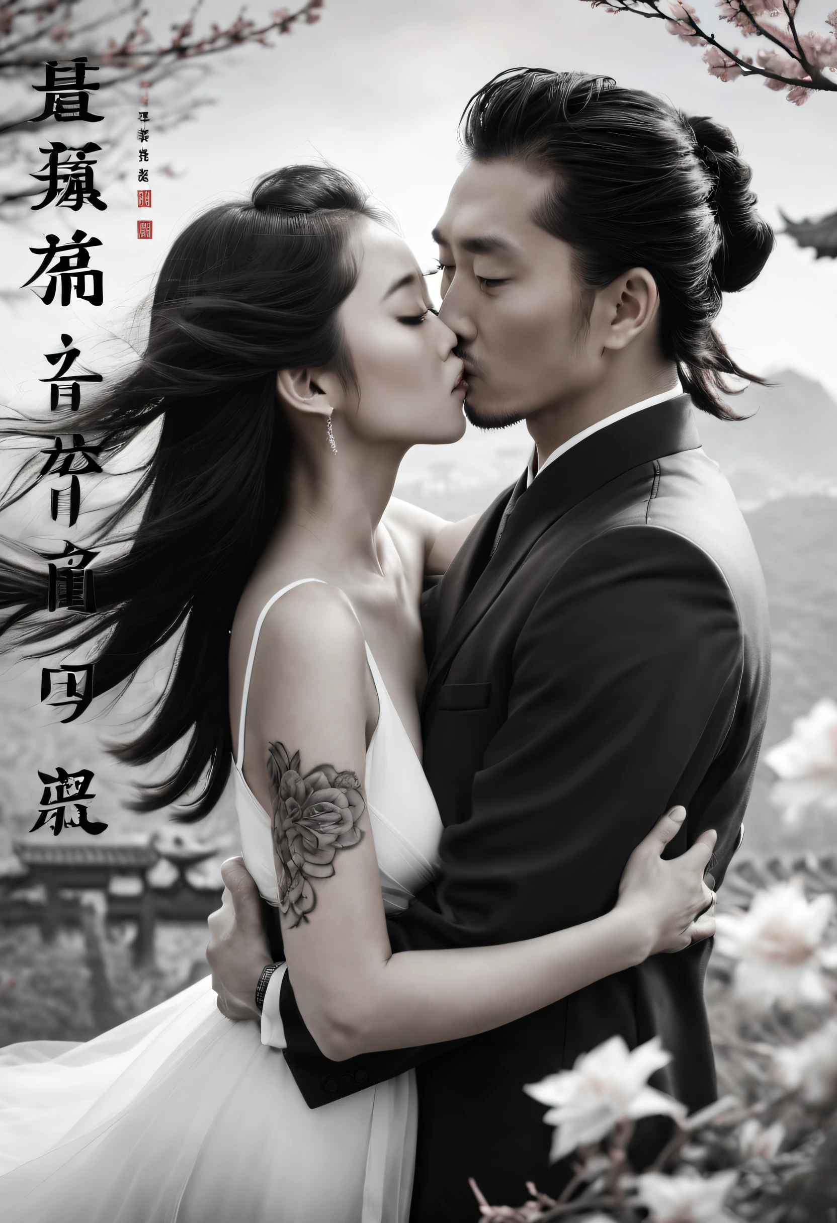 Romantic couple kissing in the wind，filmposter，poster for，charact，Huge eye-catching Chinese text，English text，Close-up of black and white picture in English, A badge with white English letters, English title, English text Chinese characters, English word tattoos and decals, English text,  English kanji