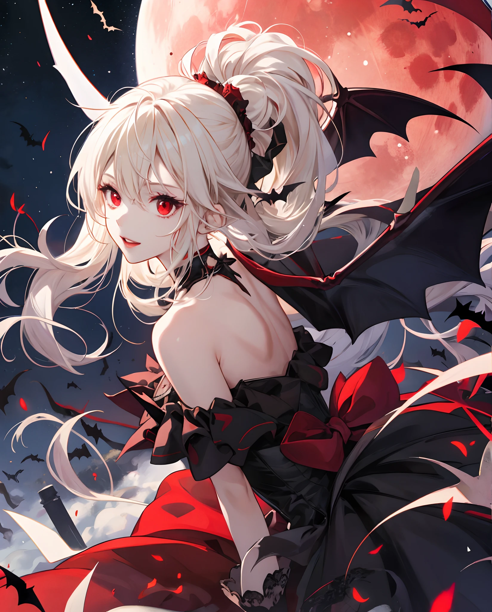 Bat girl with long red eyes with white hair、doress、Red Moon Blonde Girl One、red eyes、Vampire、doress、off shoulders、Red Moon、Midnight