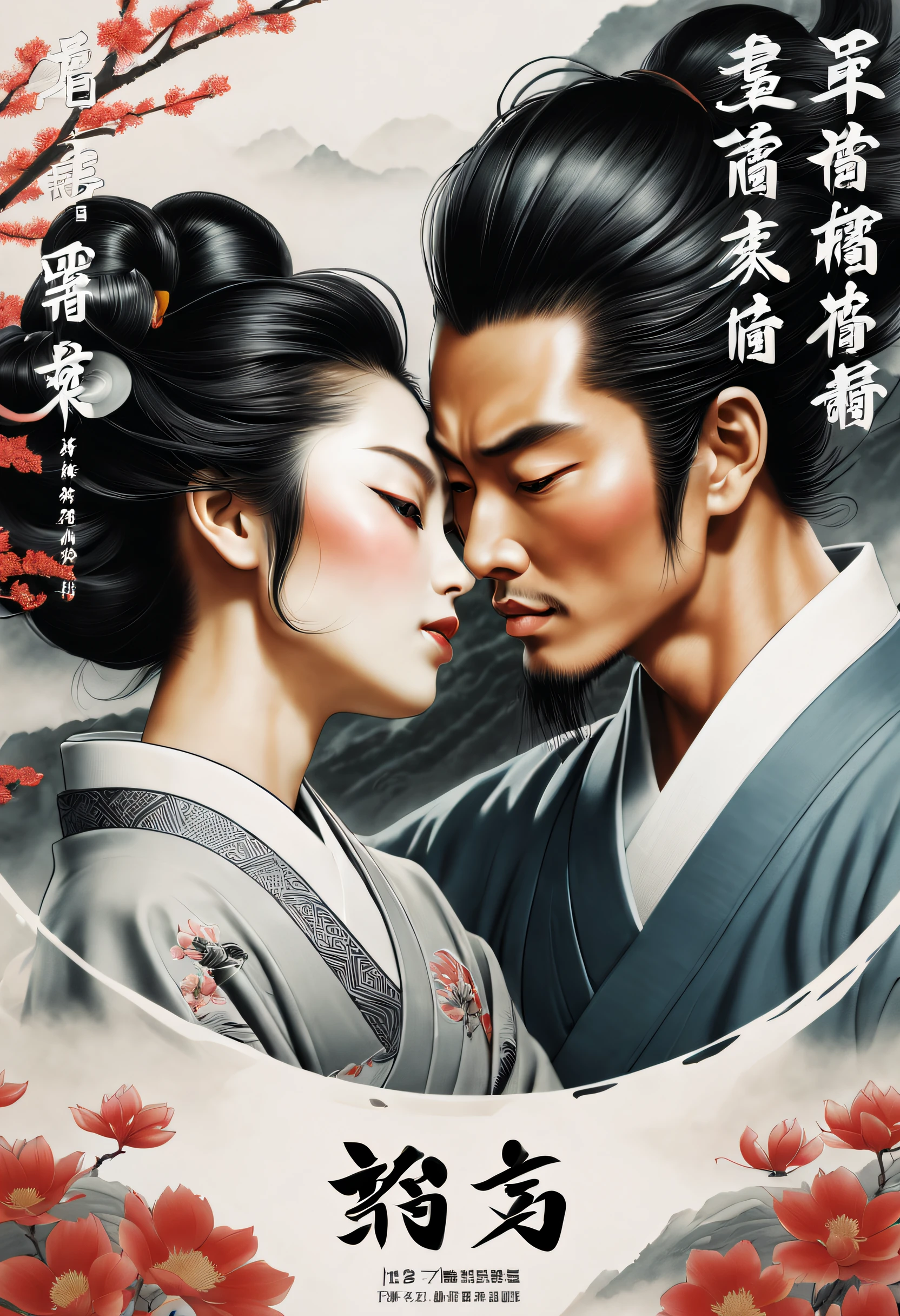 Romantic couple kissing in the wind,filmposter,poster for,charact,Huge eye-catching Chinese text,English text,Close-up of black and white picture in English, Badge with white English lettering, Title in English, English text Chinese characters, English word tattoos and decals, inspired by Gatōken Shunshi, author:Eizo Kato, english text, inspired by Shūbun Tenshō, English Chinese characters