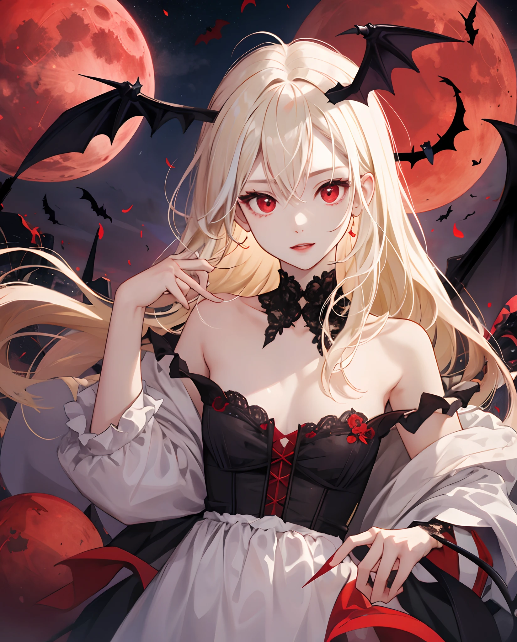 Bat girl with long red eyes with white hair、doress、Red Moon Blonde Girl One、red eyes、Vampire、doress、off shoulders、Red Moon、Midnight