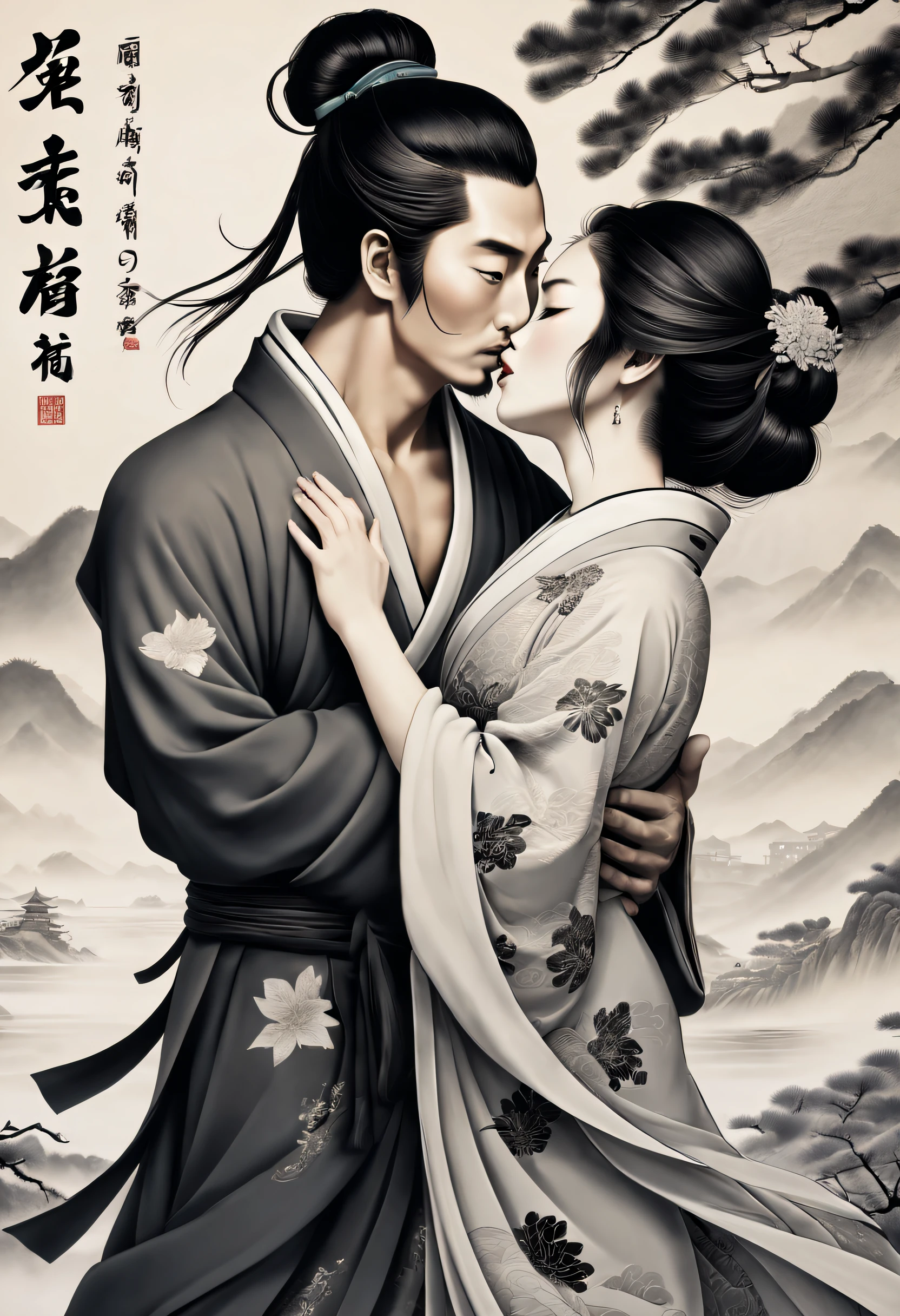 Romantic couple kissing in the wind,filmposter,poster for,charact,Huge eye-catching Chinese text,English text,Close-up of black and white picture in English, Badge with white English lettering, Title in English, English text Chinese characters, English word tattoos and decals, inspired by Gatōken Shunshi, author:Eizo Kato, english text, inspired by Shūbun Tenshō, English Chinese characters
