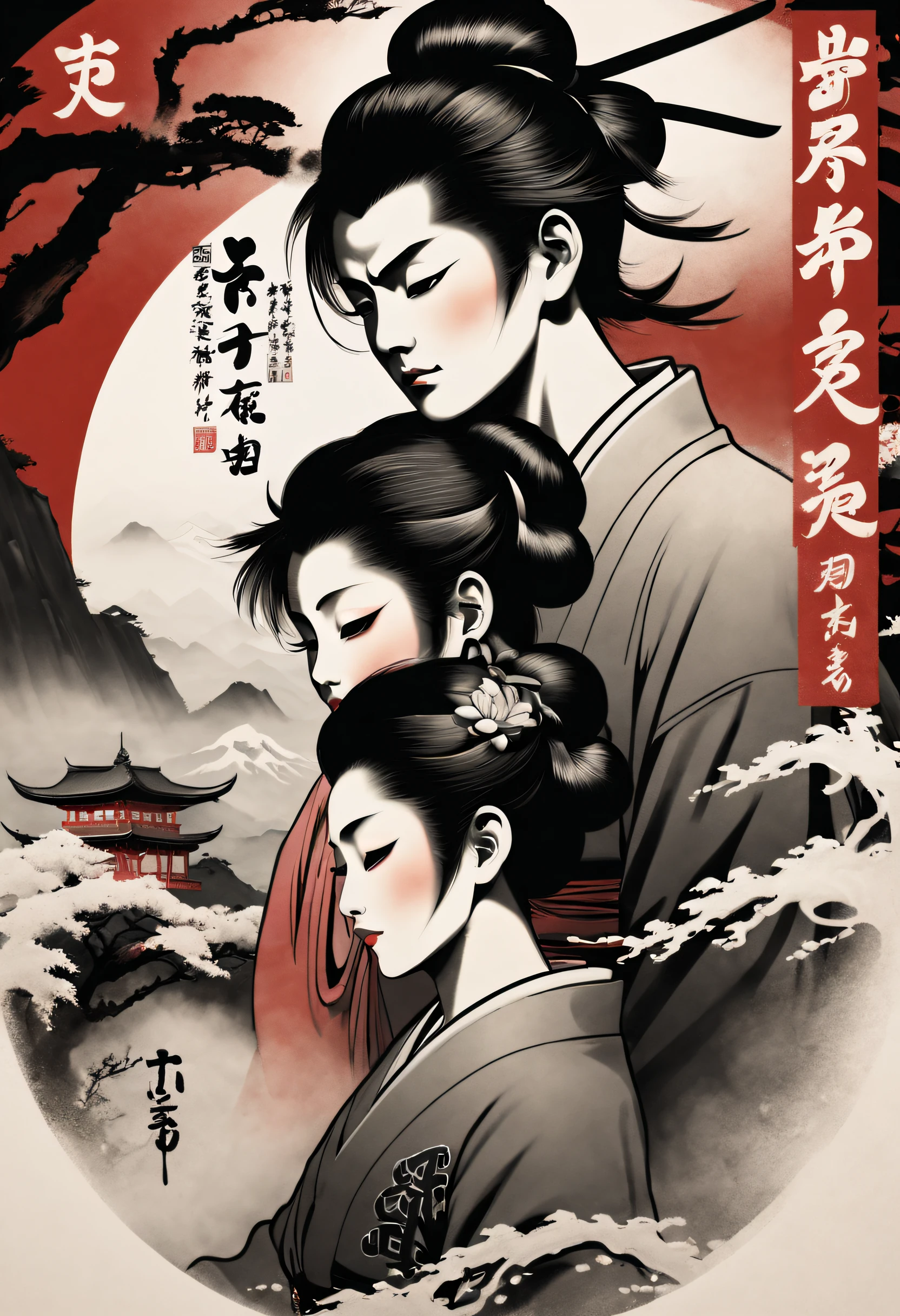 Romantic couple kissing in the wind,filmposter,poster for,charact,Huge eye-catching Chinese text,Japan characters,a close up of a black and white picture of a chinese character, with white kanji insignias, Title kanji, japanese text kanji, kanji tattoos and decals, inspired by Gatōken Shunshi, author:Eizo Kato, japanese text, inspired by Shūbun Tenshō, japanese kanji
