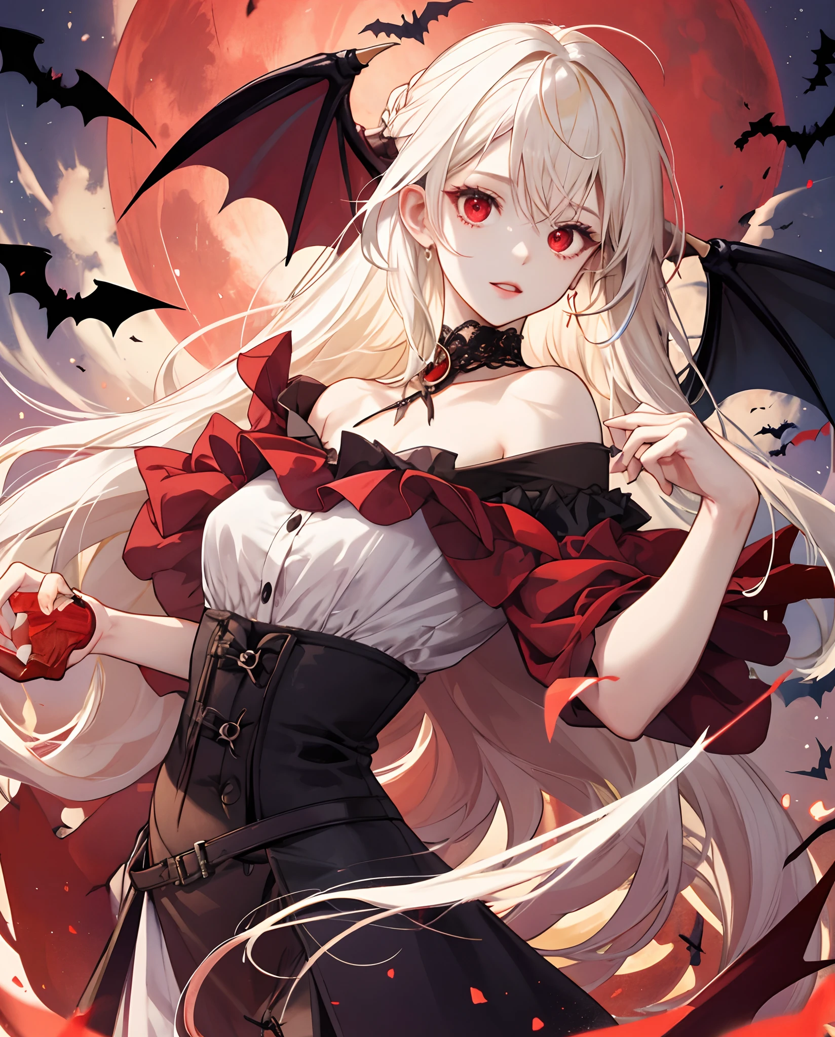 Bat girl with long red eyes with white hair、doress、Red Moon Blonde Girl One、red eyes、Vampire、doress、off shoulders、Red Moon、Midnight