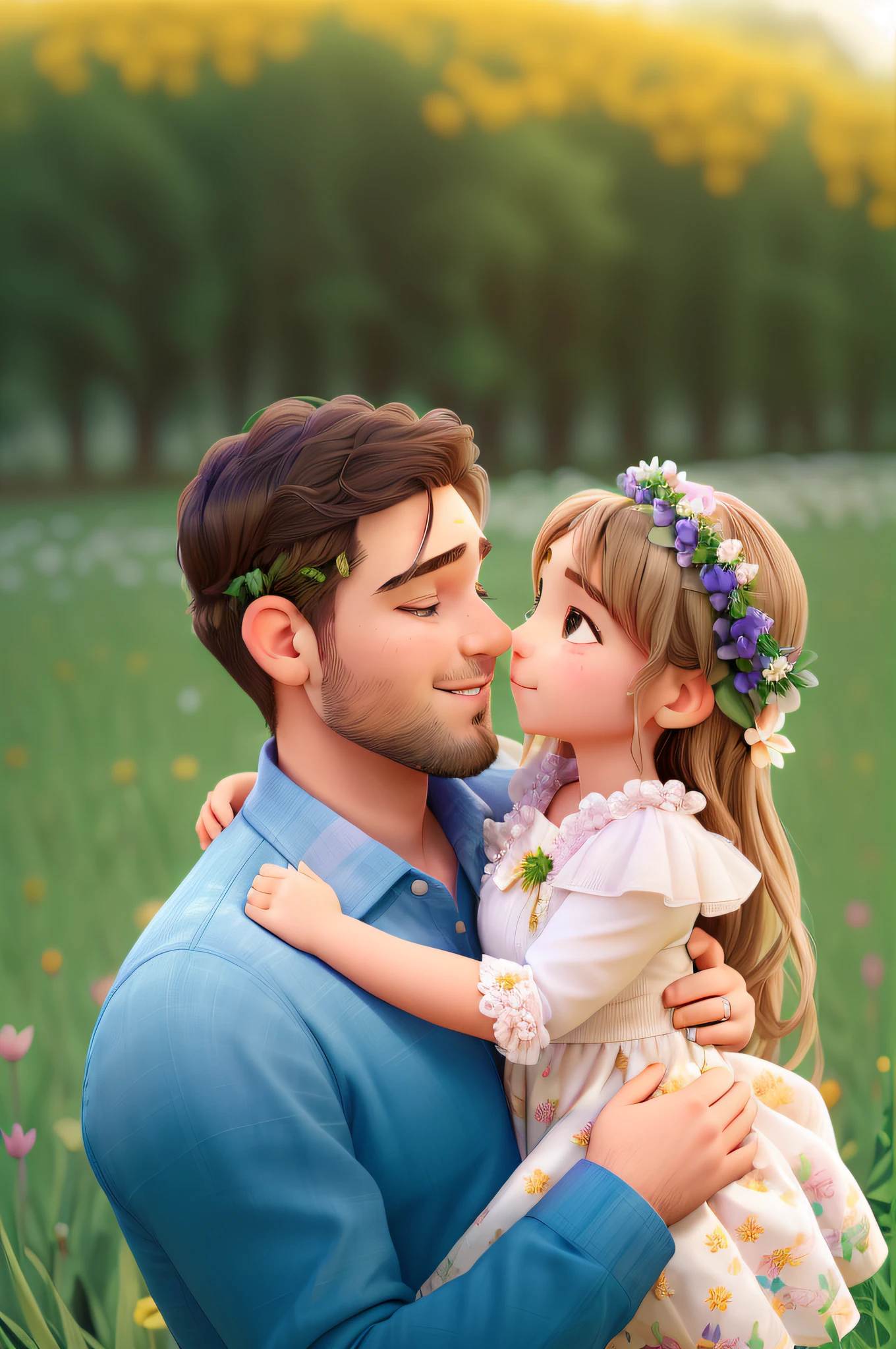 a man and a  girl are hugging in a field, flowers on heir cheeks, caring fatherly wide forehead, father with child, gorgeous portrait, beautiful portrait, flower child, family photography, flower storm portrait, white flower crown, 7 0 mm portrait, floral crown, wearing a floral crown, photo of a beautiful, lotus floral crown girl, floral painted backdrop