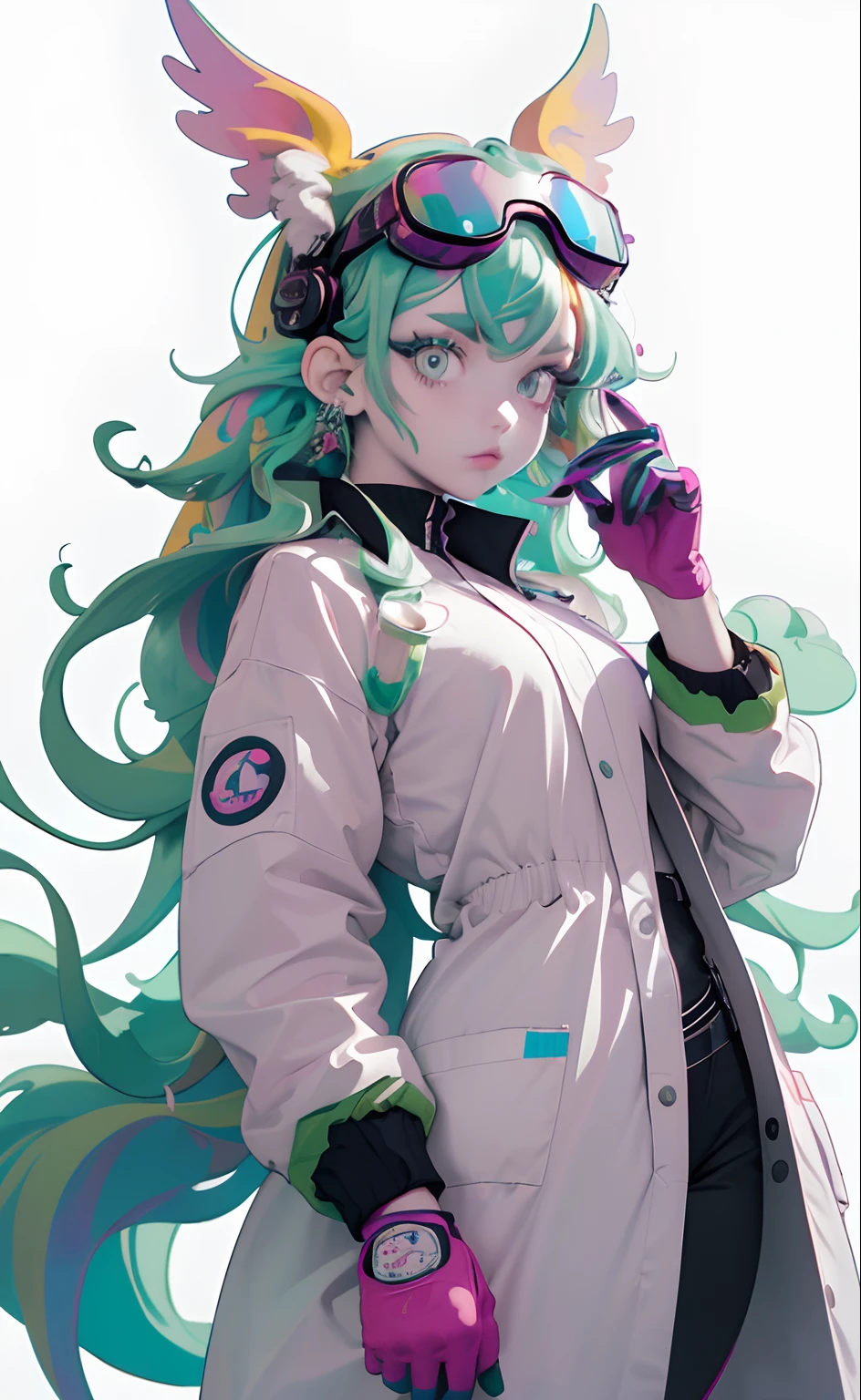 (Masterpiece, Best quality, A high resolution, Ultra detailed:1.2),Deepen finger detail， (Solo, 1girll, Cowboy shot), Dokumiku, double tails, mitts, goggles on head, multicolored hair, Pink eyelashes, Purple eyes, Green jacket, Break, (Dynamic pose, crazy, Mad scientist), (multicolored background) Bright colors