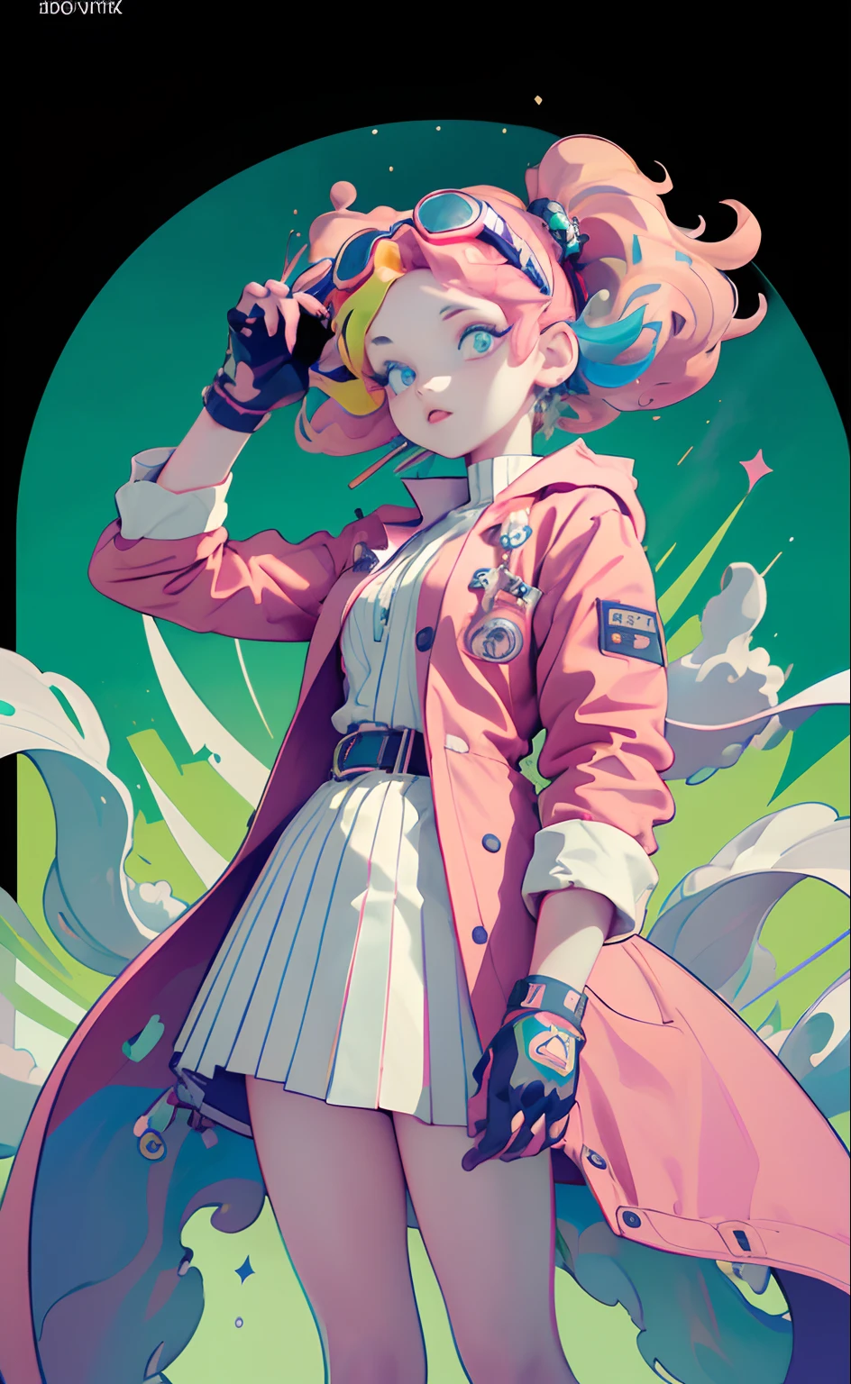 (Masterpiece, Best quality, A high resolution, Ultra detailed:1.2),Deepen finger detail, (Solo, 1girll, Cowboy shot), Dokumiku, double tails, mitts, goggles on head, multicolored hair, Pink eyelashes, Purple eyes, Green jacket, Break, (Dynamic pose, crazy, Mad scientist), (multicolored background) Bright colors
