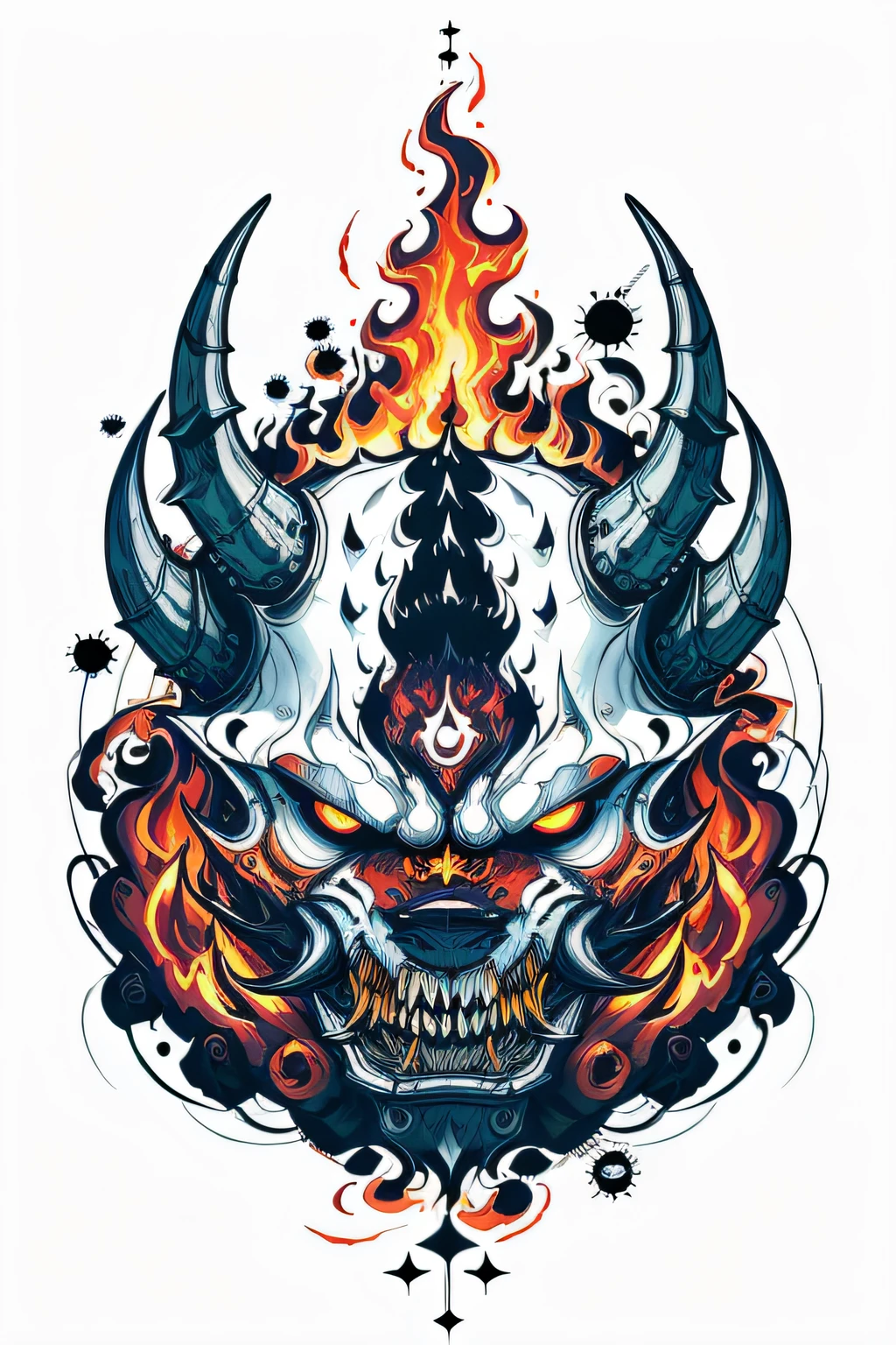 Fire Flame Effect Fine Tattooed White Background Rich in color,The armored demon opened its mouth and roared ,The special effects of demons colorful ghosts and fires create a logo,tmasterpiece