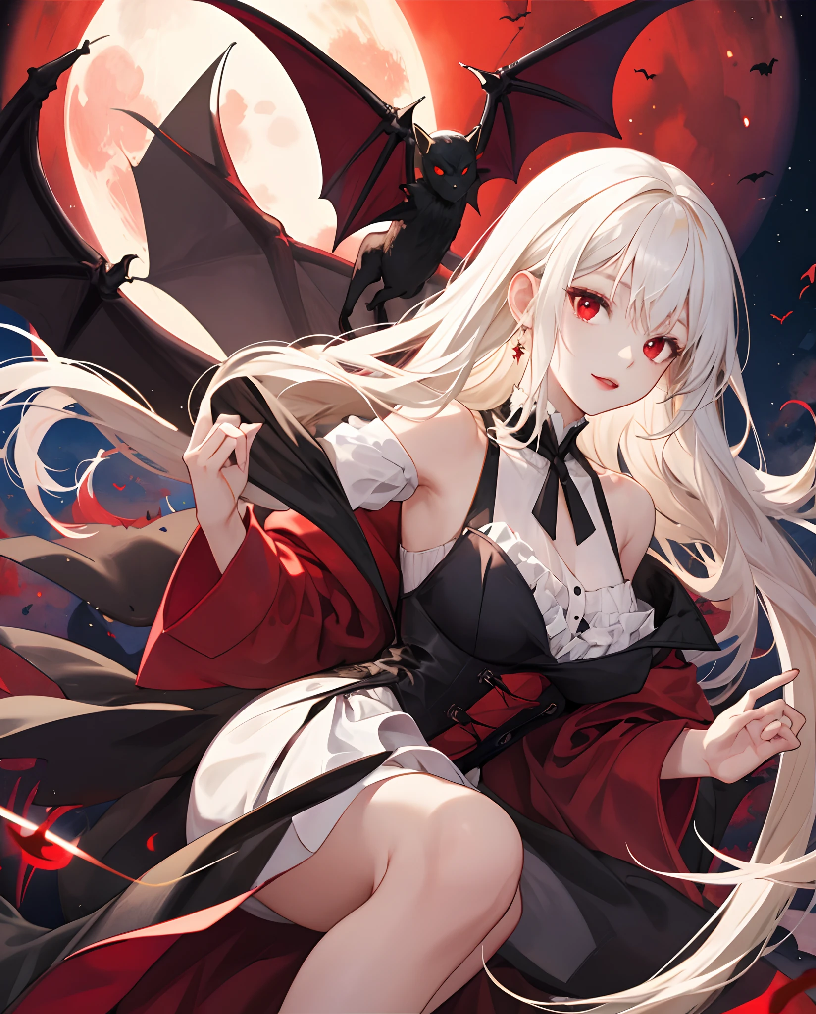 Bat girl with long red eyes with white hair、doress、Red Moon Blonde Girl One、red eyes、Vampire、doress、off shoulders、Red Moon、Midnight