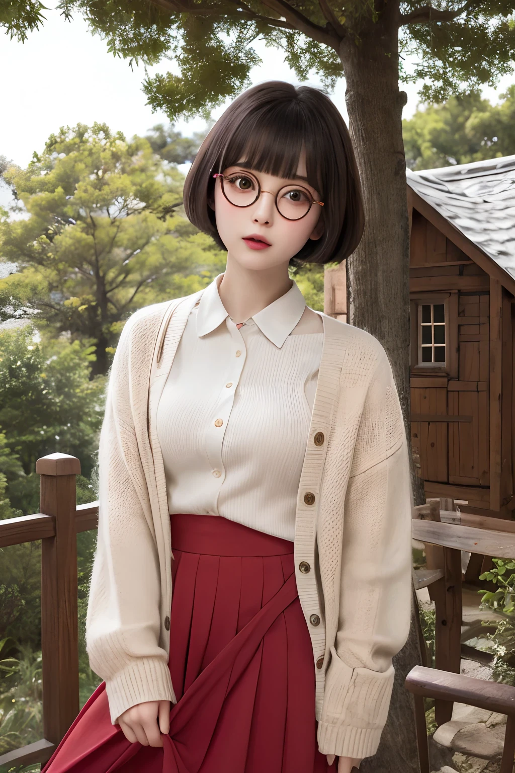 (​masterpiece、best qualtiy、one girls、a 、A dark-haired、short-hair、straight haired、Light brown eyes、hair adornments、wearing black glasses、cute  face)、There are many summer flowers around、Short sleeved shirt with lace