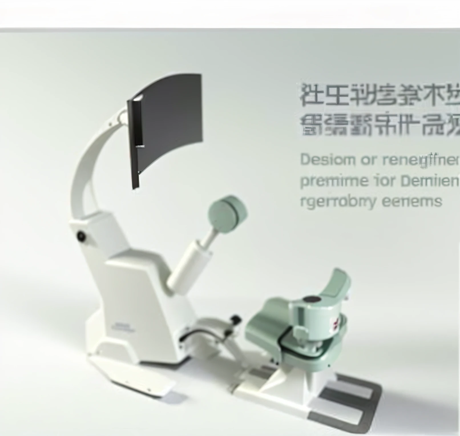 A seated lower limb rehabilitation robot with a sense of science and technology,The main color is white,The fresh and elegant surface is covered with non-slip material,It combines the best of modern technology and ergonomics。Strong sense of technology,Science fiction is strong,Rehabilitation medical equipment