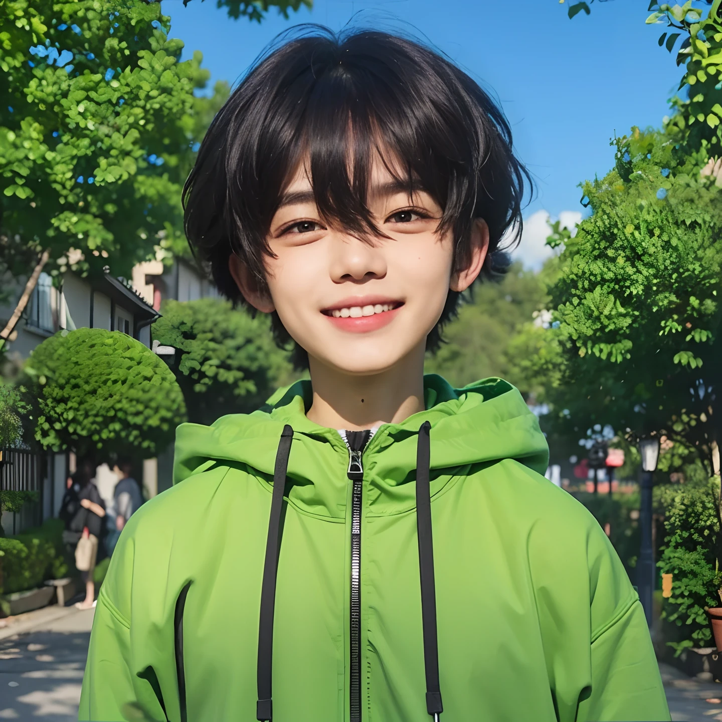 A boy with realistic black hair, exactly the same hairstyle, realistic green eyes, realistic Japanese handsome face, realistic sweet smiling expression,Realistic purple drawstring and zipper green hoodie, realistic light, realistic shadows, realistic background