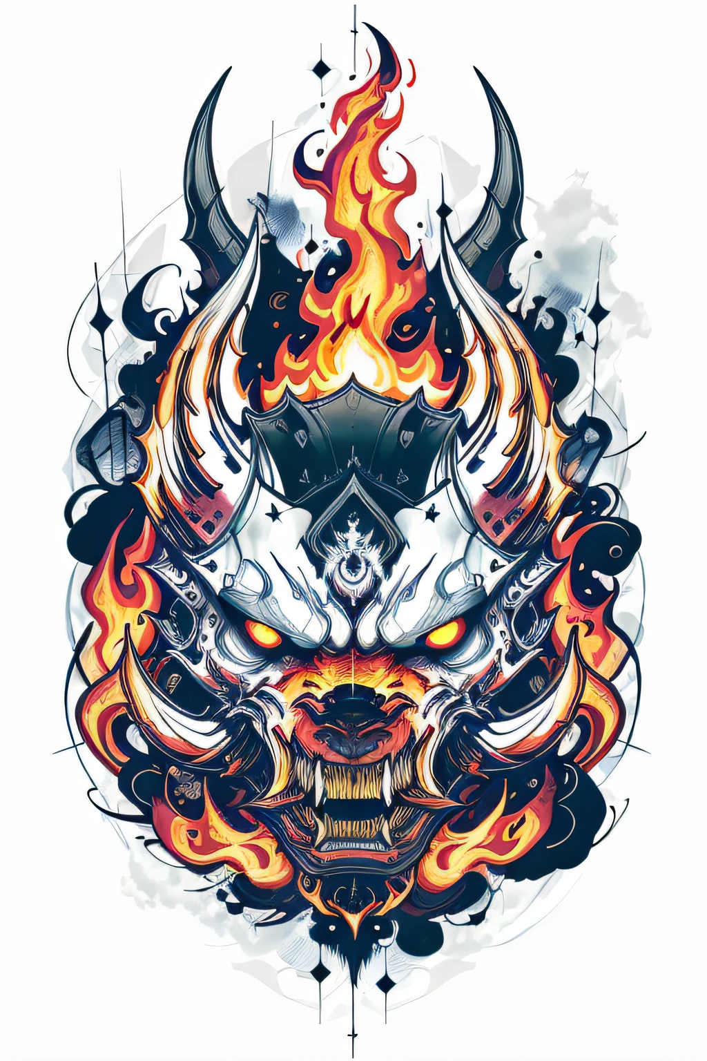 Fire Flame Effect Fine Tattooed White Background Rich in color,The armored demon opened its mouth and roared ,The special effects of demons colorful ghosts and fires create a logo,tmasterpiece