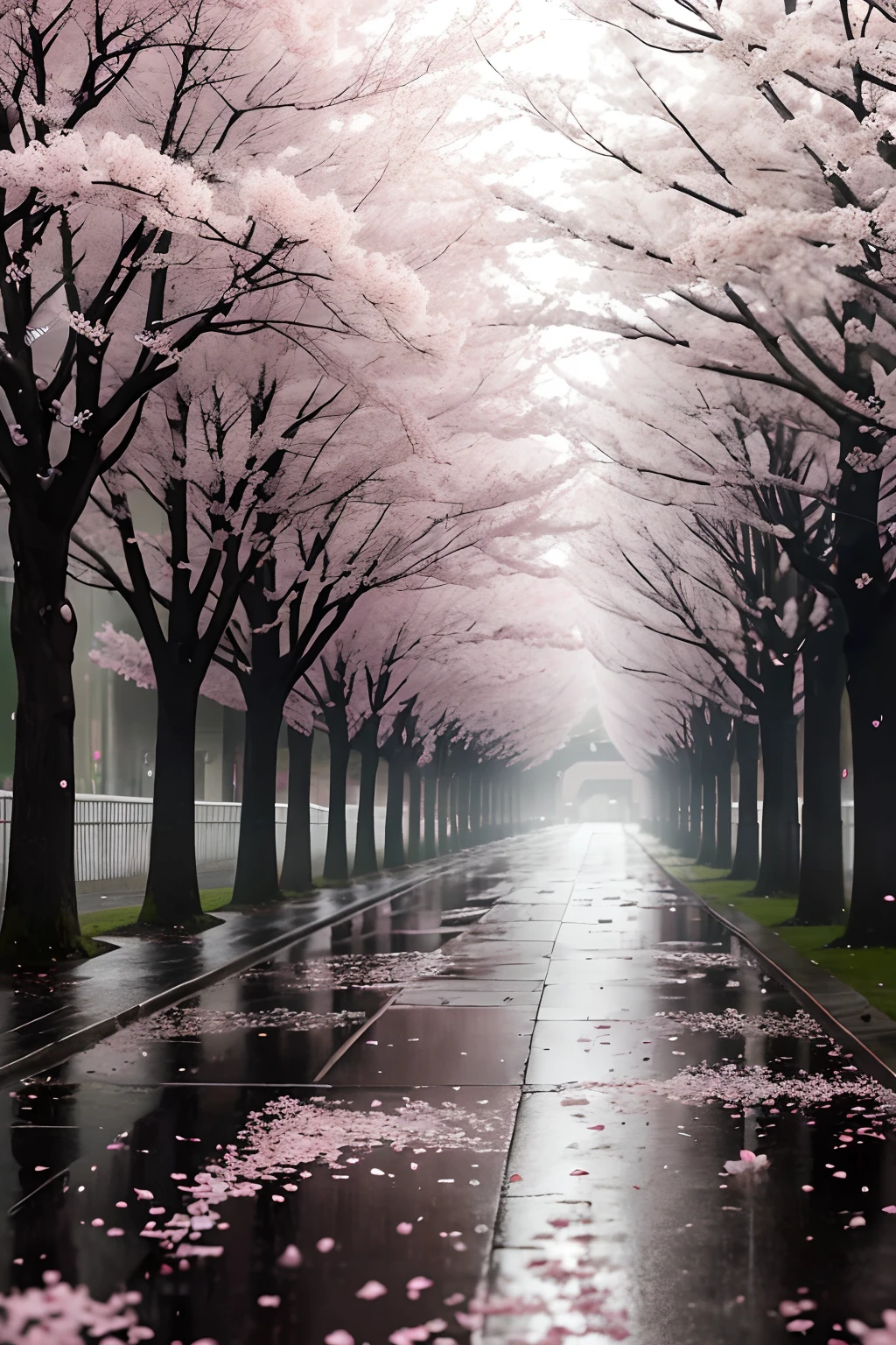 Capture the ethereal nature of the rain-soaked streets, Gray sky, A place where pink cherry blossom trees stand tall, Their bright petals are scattered like a delicate pink carpet. The wet asphalt sparkles, Mirror the world above, as Slender, The outstretched branches bear the weight of the blooming pink flowers. Raindrops sparkle on leaves and petals, The low-angle viewing angles accentuate their height and beauty. This serene and dynamic image evokes a sense of calm in the midst of change, The ephemeral beauty of cherry blossoms,Beautiful composition, Form a lead,Bring the audience into the fleeting moment of the spring rain embrace.