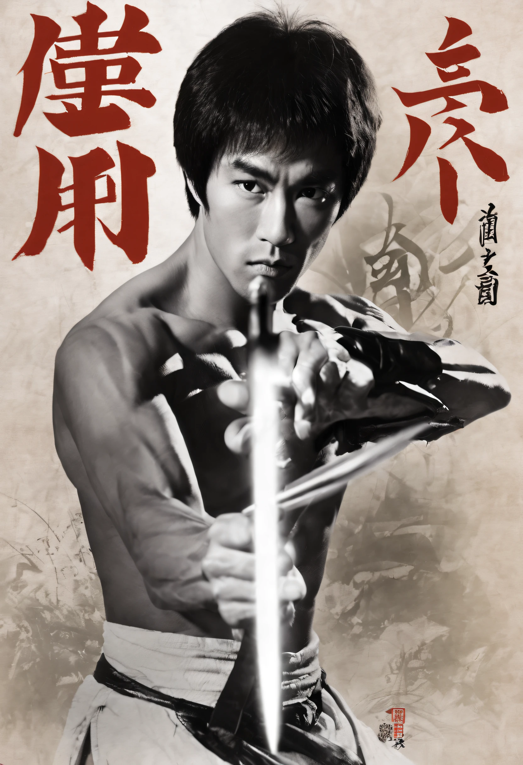 The sword,big sword,epee,Chinese martial arts,Bruce Lee movie poster,poster for,Huge eye-catching Chinese text,Japan characters,a close up of a black and white picture of a chinese character, with white kanji insignias, Title kanji, japanese text kanji, kanji tattoos and decals, inspired by Gatōken Shunshi, author:Eizo Kato, japanese text, inspired by Shūbun Tenshō, japanese kanji