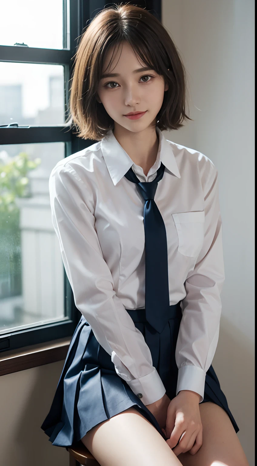 (Tabletop, Highest quality:1.2), 8K, , 85mm, Official Art, RAW Photos, Absurd, White dress shirt, Cute face, close, Upper Body, Viola Lace, Gardenia, beautiful girl, , (Navy Pleated Skirt:1.1), Cinch waist, Thighs, Short sleeve, classroom, ponytail、short hair、short hair、sit on bench seat, Looking at the audience, No makeup, (smile:0.4), Film Grain, chromatic aberration, Sharp focus, Face Light, Bright lighting, Teen, Detailace, Background blur, (Dark red tie:1.1)、日本の学校のclassroom、classroom