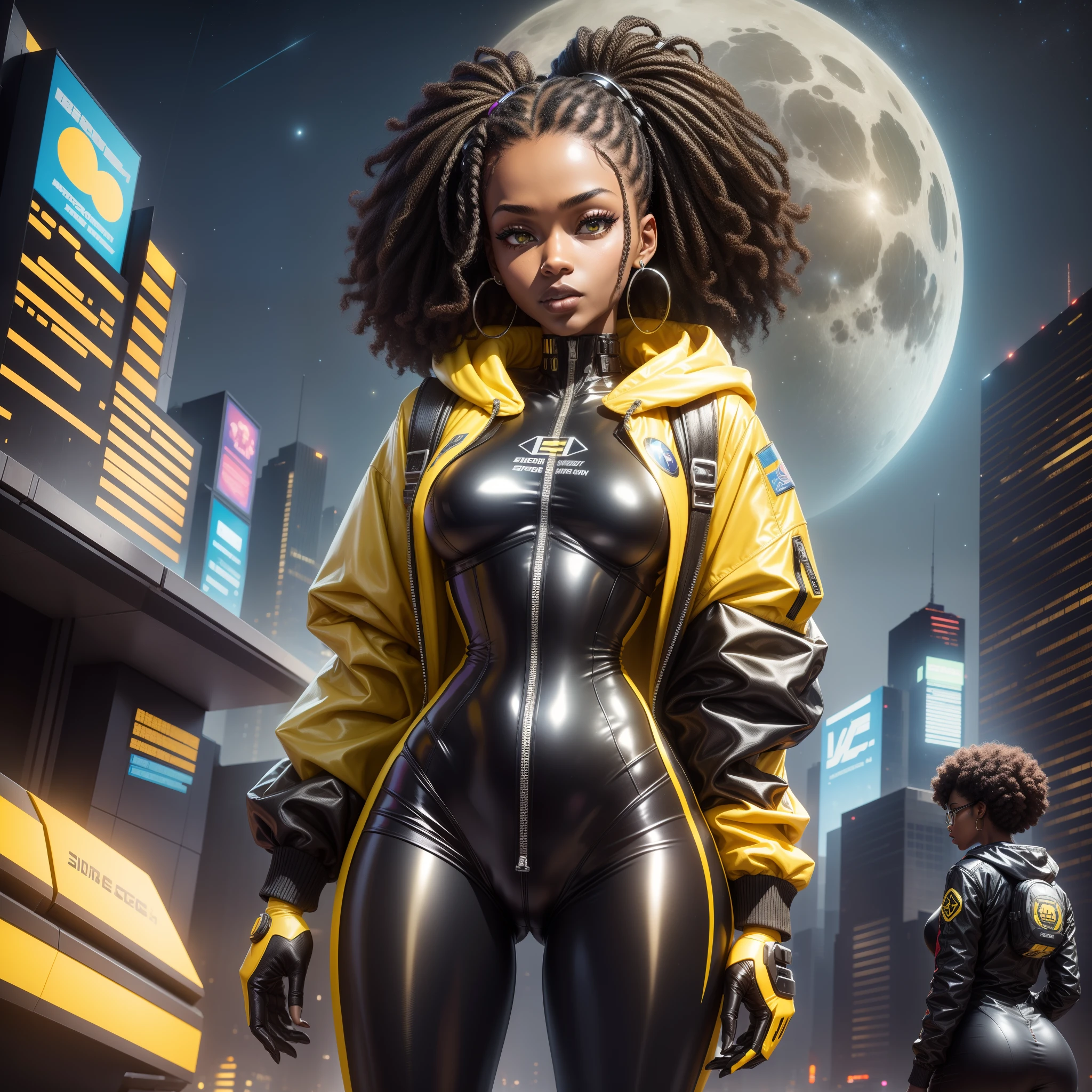 8k, best quality, highres, solo, deep ebony 1girl, beautiful face, {{ box braids / afro / braided hair / curly hair }}, black lips, a female character is wearing a yellow and black colored outfit with a backpack and a yellow hoodie jacket, dark black and yellow, sports leisure, green eyes, long hair, diamond earrings, cybernetically enhanced, medium breasts, she is standing in front of spaceships, satellites and moon rovers, starry night sky, pigeoncore, neo-dadaist, Asuka Langley, neon genesis EVA suit, mechanized precision, space crew member, she holds an important position, in crowd spectator at a tech conference in the style of mecha sci-fi anime