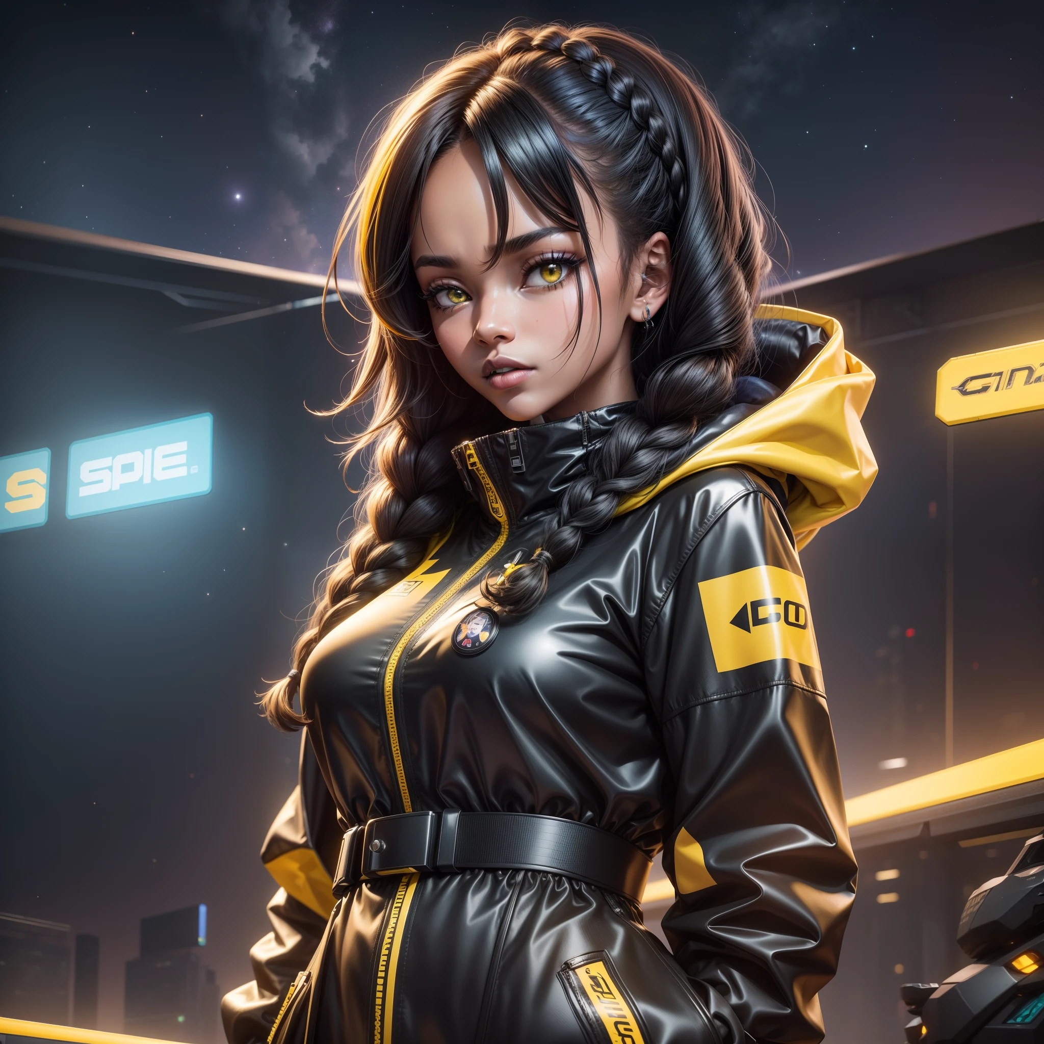 solo, deep ebony 1girl, beautiful face, {{  braided hair or curly hair }}, black lips, a female character is wearing a yellow and black colored outfit with a backpack and a yellow hoodie jacket, dark black and yellow, sports leisure, green eyes, long hair, diamond earrings, cybernetically enhanced, medium breasts, she is standing in front of spaceships and satellites, starry night sky, pigeoncore, neo-dadaist, Asuka Langley, neon genesis EVA suit, mechanized precision, space crew member, she holds an important position, in crowd spectator at a tech conference in the style of mecha sci-fi anime, 8k, best quality, highres