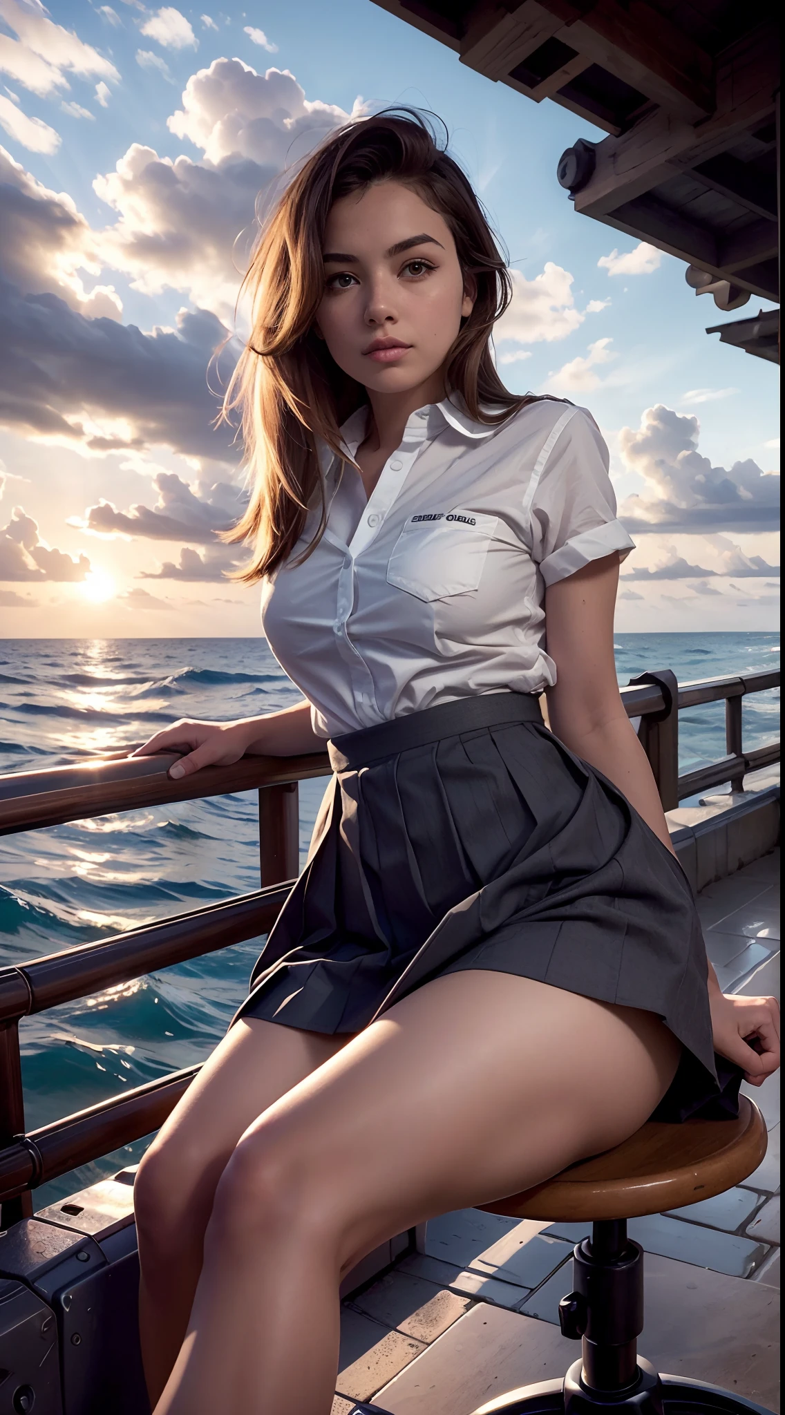 (Best quality, high resolution, Masterpiece :1.3), one pretty woman,
Against the background of orange sunset sky，Clouds and the sun sink into the sea, Sitting in a school uniform was a beautiful high school girl. Her hair is light brown, It is medium Bob style. She wore a white shirt and pleated skirt as part of her uniform. She sat with her legs apart, Her eyes were glued to the camera. Create this scene from a low-angle shot.