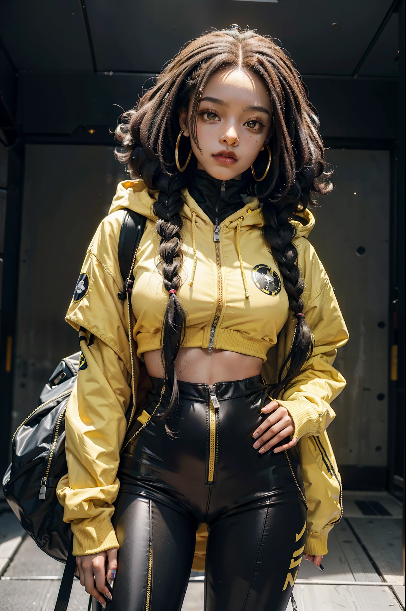 solo, deep ebony 1girl, beautiful face, {{ box braids / afro / braided hair / curly hair }}, black lips, a female character is wearing a yellow and black colored outfit with a backpack and a yellow hoodie jacket, dark black and yellow, sports leisure, green eyes, long hair, diamond earrings, cybernetically enhanced, medium breasts, she is standing in front of spaceships and satellites, starry night sky, pigeoncore, neo-dadaist, Asuka Langley, neon genesis EVA suit, mechanized precision, space crew member, she holds an important position, in crowd spectator at a tech conference in the style of mecha sci-fi anime, 8k, best quality, highres