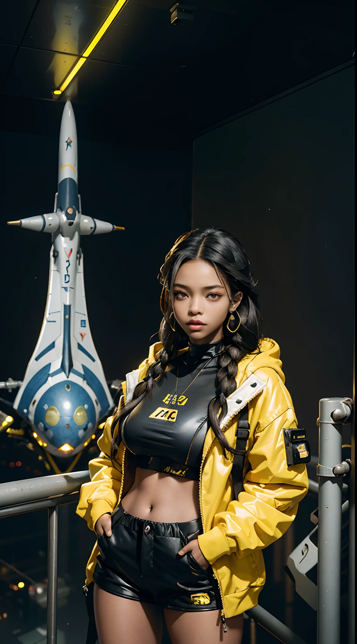 solo, deep ebony 1girl, black girl, beautiful face, {{ braided hair }}, black lips, a female character is wearing a yellow and black colored outfit with a backpack and a yellow hoodie jacket, dark black and yellow, sports leisure, green eyes, long hair, diamond earrings, cybernetically enhanced, medium breasts, she is standing in front of spaceships and satellites, starry night sky, pigeoncore, neo-dadaist, Asuka Langley, neon genesis EVA suit, mechanized precision, space crew member, she holds an important position, in crowd spectator at a tech conference in the style of mecha sci-fi anime, 8k, best quality, highres
