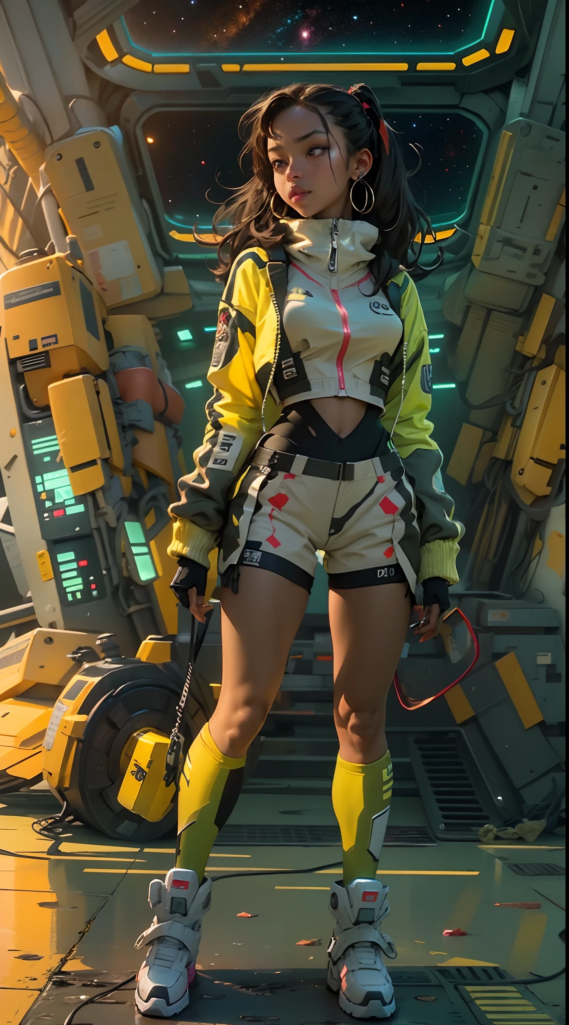 solo, deep ebony 1girl, black girl, beautiful face, {{ braided hair }}, black lips, a female character is wearing a yellow and black colored outfit with a backpack and a yellow hoodie jacket, dark black and yellow, sports leisure, green eyes, long hair, diamond earrings, cybernetically enhanced, medium breasts, she is standing in front of spaceships and satellites, starry night sky, pigeoncore, neo-dadaist, Asuka Langley, neon genesis EVA suit, mechanized precision, space crew member, she holds an important position, in crowd spectator at a tech conference in the style of mecha sci-fi anime, 8k, best quality, highres
