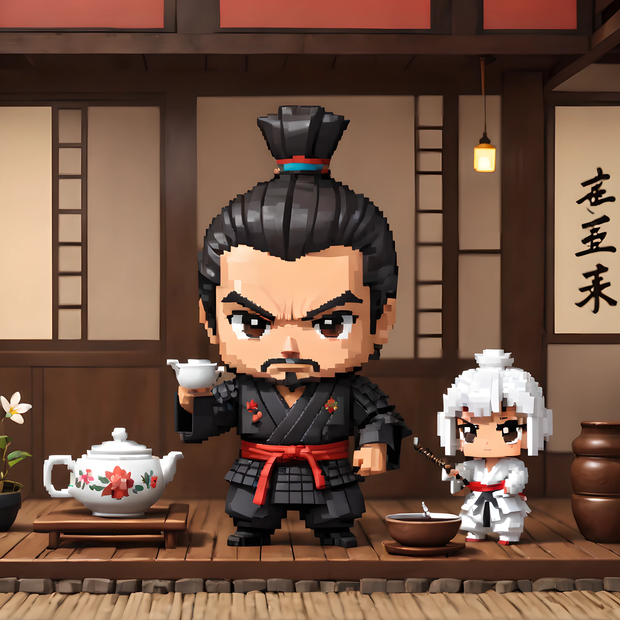 (Pixel art:1.5), (pixel theme:1.5), (chibi emote:1.5), (chibi character:1.5),(fantasy:1.5), (1japanse samurai:1.5), (Toshiro Mifune:1.5), (tea:1.5), (tea ceremony:1.5), (tearoom:1.5),