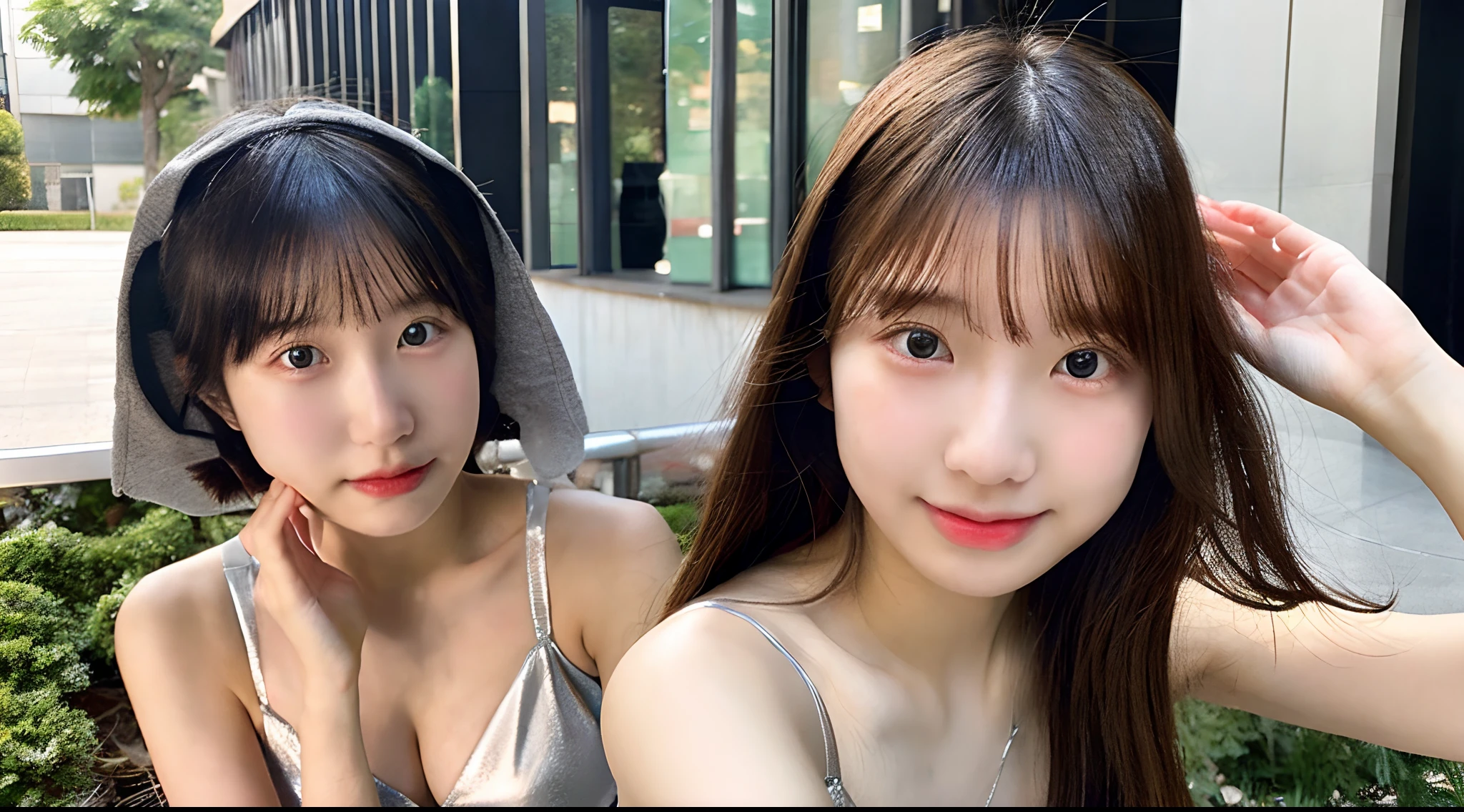 1girl,1man,(tareme:1.4),(baby face),huge breasts(beautiful japanese idol),light makeup,happy,straight hair,tongue,sweaty,(look at viewer),bikini,cleavage,outdoor