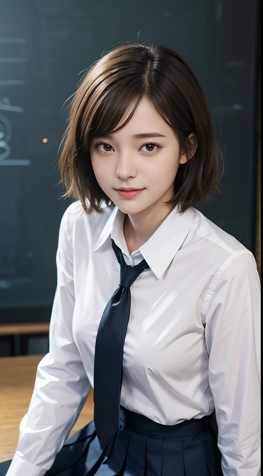 (​masterpiece:1.3), (8K, Photorealsitic, Raw photography, Top image quality: 1.4), Japan high school girls、(very short-haired、Random hairstyles:1.2,)、Super Detail Face、Eye of Detail、二重まぶた、Bring your chest together、foco nítido:1.2、prety woman:1.4、light brown hair、top-quality、​masterpiece、超A high resolution、(Photorealsitic:1.4、Being in the classroom、Japan High School Student Uniform、Button shirt with collar、Ribbon Ties、Short dark blue pleated skirt、Ribbon tie、Great under the shirt)、Highly detailed and professional lighting smile、slender、serious facial expression、short-haired、Fatal position,chalk board、Sit on a desk、above knee