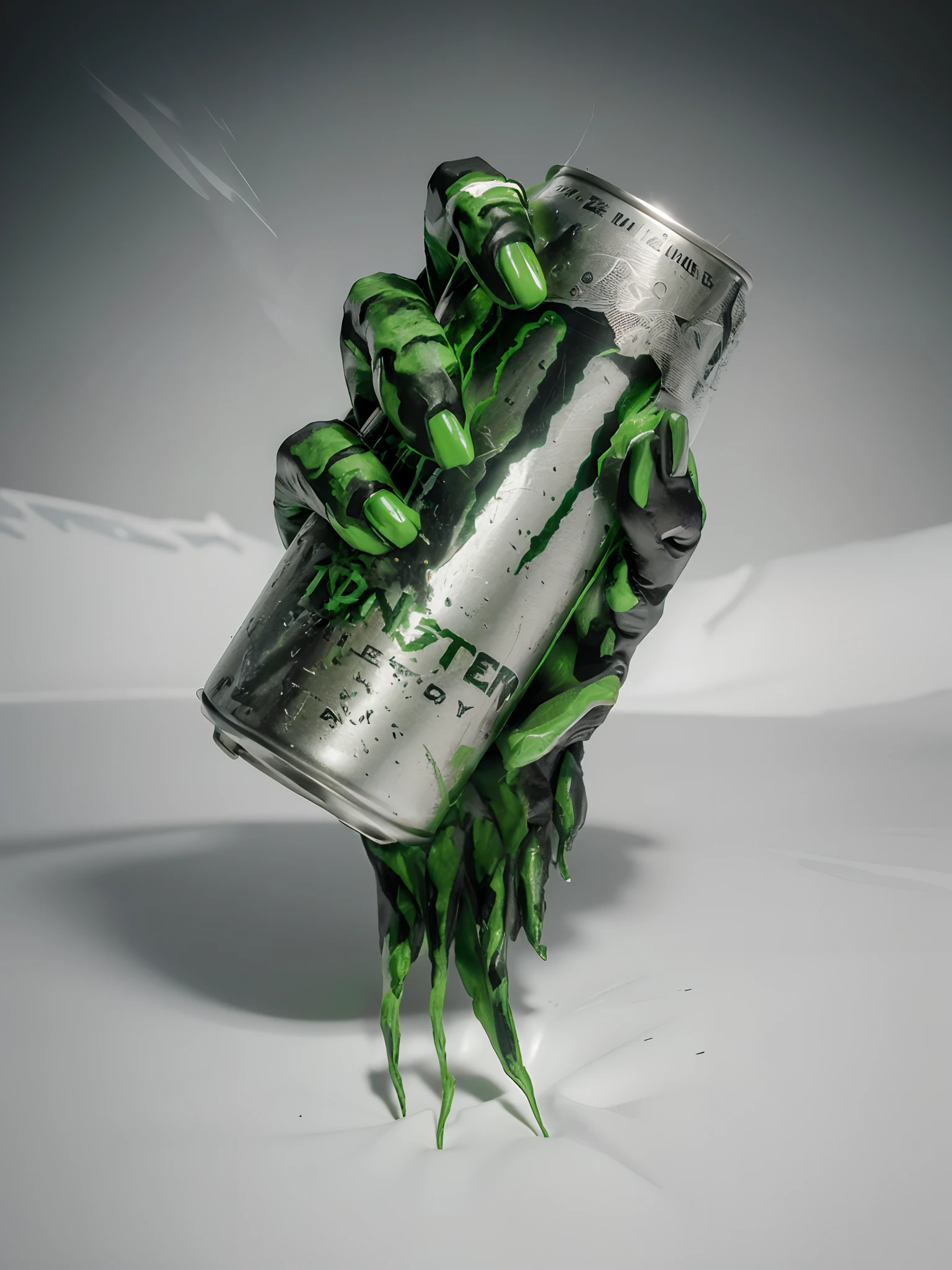 I see you uploaded a picture of a Monster Energy drink can be held by a green hand. here is a description of the image: This is a digital art image of a Monster Energy drink that can be held by a green hand. The hand is green and has long fingers with sharp nails. The hand is holding the can in a way that the Monster logo is visible. The can is black with the green Monster logo. background is white.