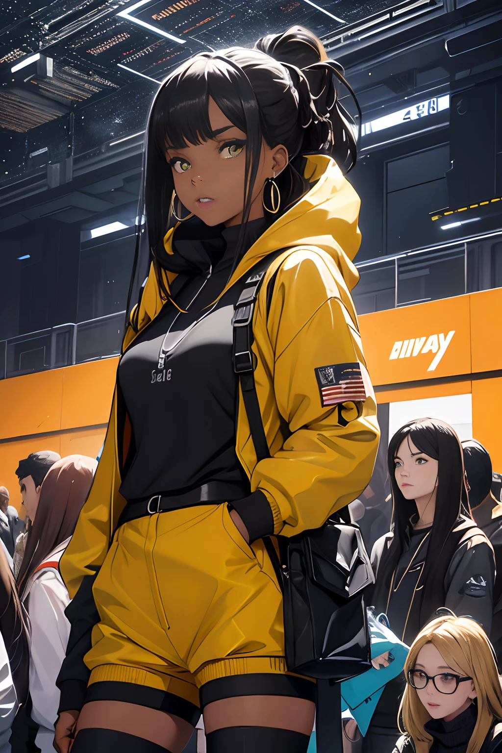 best quality, highres, solo, deep ebony 1girl, beautiful face, box braids, black lips, a female character is wearing a yellow and black colored outfit with a backpack and a yellow hoody jacket, dark black and yellow, sports leisure, green eyes, long hair, dangling earrings, cybernetically enhanced, chunky cuban link jewelry, medium breasts, she is standing in front of spaceships, satellites and moon rovers, starry night sky, pigeoncore, neo-dadaist, Asuka Langley, neon genesis EVA suit, mechanized precision, space crew member, she holds an important position, in crowd spectator at a tech conference in the style of mecha sci-fi anime