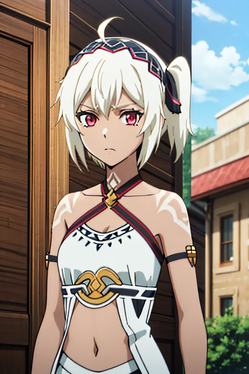 MYNE BNB, EMOTIONLESS, DARK SKIN, WHITE HAIR, SHORT HAIR, RED EYES, SIDE PONYTAIL, AHOGE, HEADDRESS, TATTOO, WHITE DRESS, GOLD TRIM, ARMLET, BRACELET, NAVEL, HALTERNECK, 1girl, solo, facing viewer, looking at viewer, upper body.