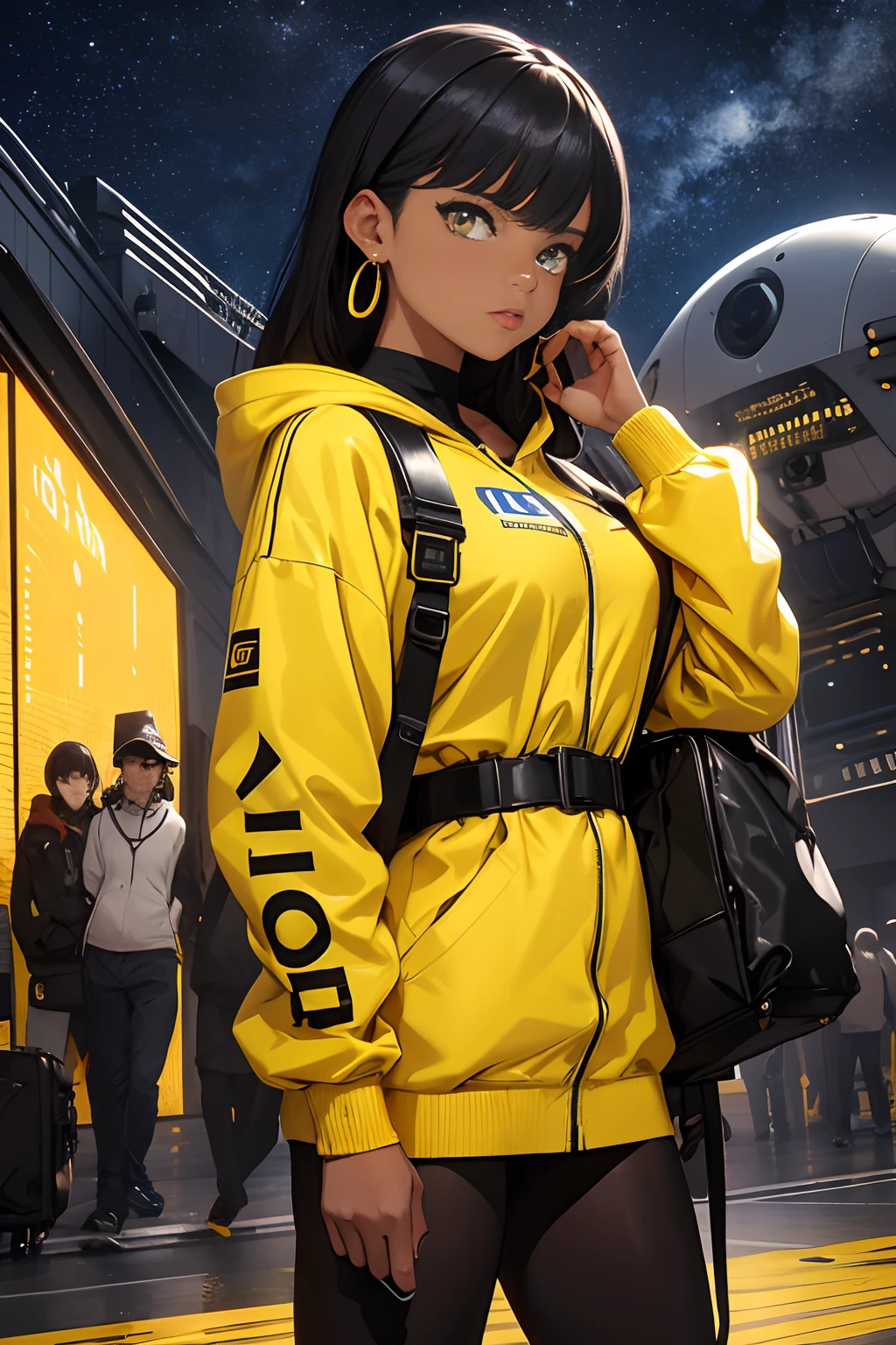 best quality, highres, solo, deep ebony 1girl, beautiful face, box braids, black lips, a female character is wearing a yellow and black colored outfit with a backpack and a yellow hoody jacket, dark black and yellow, sports leisure, green eyes, long hair, dangling earrings, cybernetically enhanced, chunky cuban link jewelry, medium breasts, she is standing in front of spaceships, satellites and moon rovers, starry night sky, pigeoncore, neo-dadaist, Asuka Langley, neon genesis EVA suit, mechanized precision, space crew member, she holds an important position, in crowd spectator at a tech conference in the style of mecha sci-fi anime
