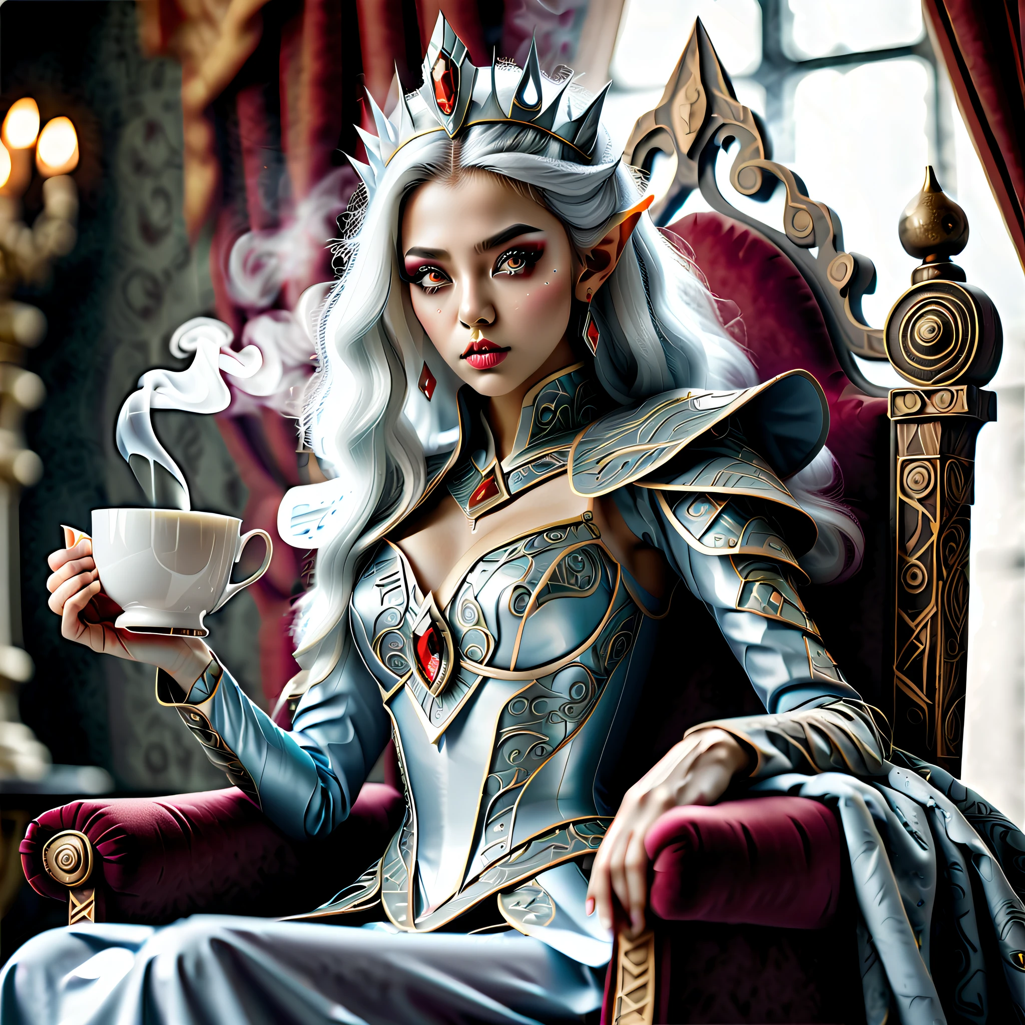 beauty aura elf queen sits upon a chair, In the throne room, 20 years old, (inverted triangle sharp face:1.1), curtain of silver hair, eyes wide with piercing gaze, (((she takes a sip of single hot tea with steam:1.3))), complex patterns and insane designs, capturing the essence of the queen grace and power, shimmering silver, touch of intrigue and realism, grace and beauty paint, (((stunning intricate detail:1.3))), (((stunning extremely insane detail:1.3))), (((ultimate quality resolution:1.3))), (cinematic angle and still:1.1), (rich colors illustration:1.1),