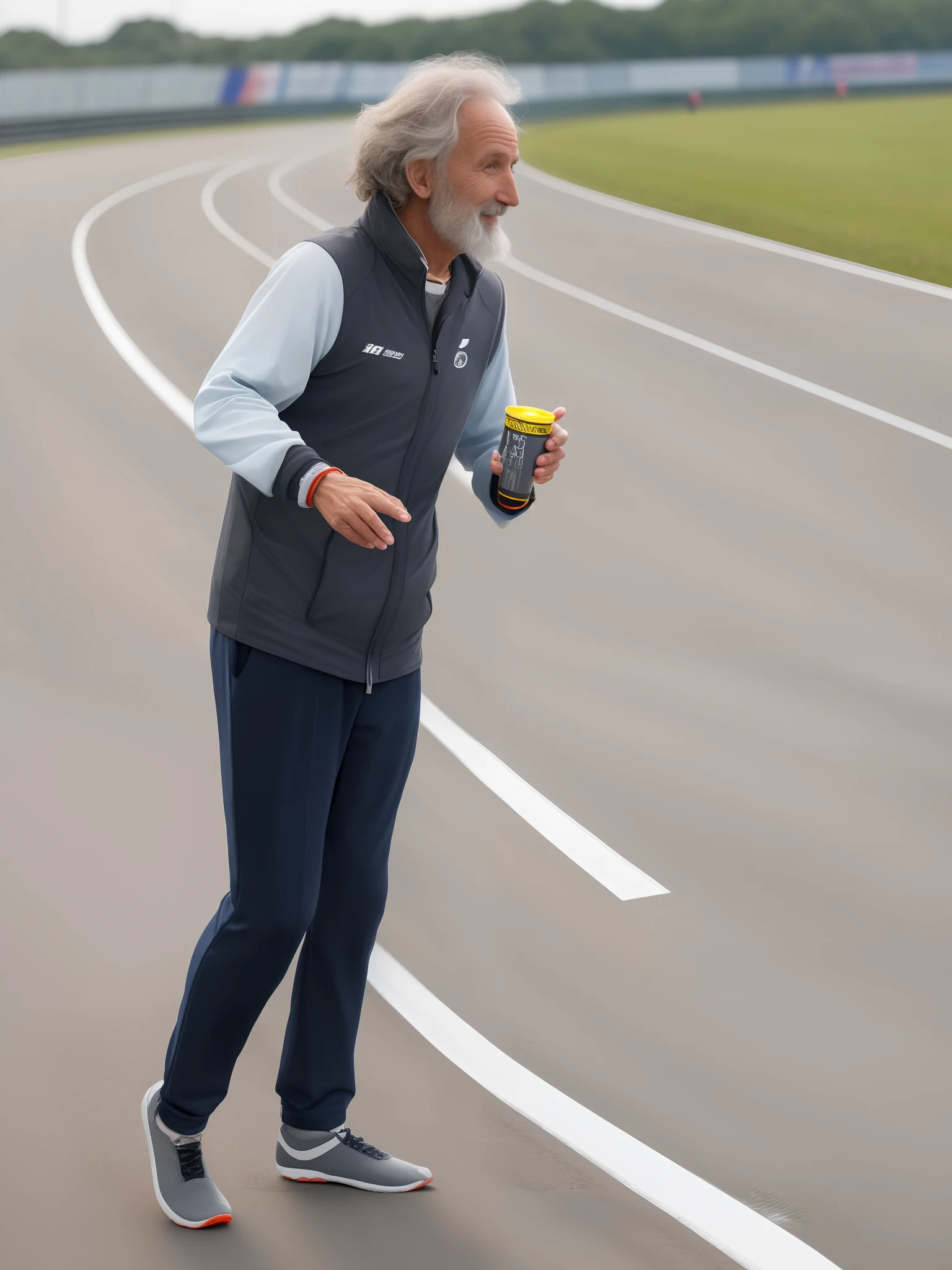 Gray-haired, unkempt-haired beggar on the racetrack