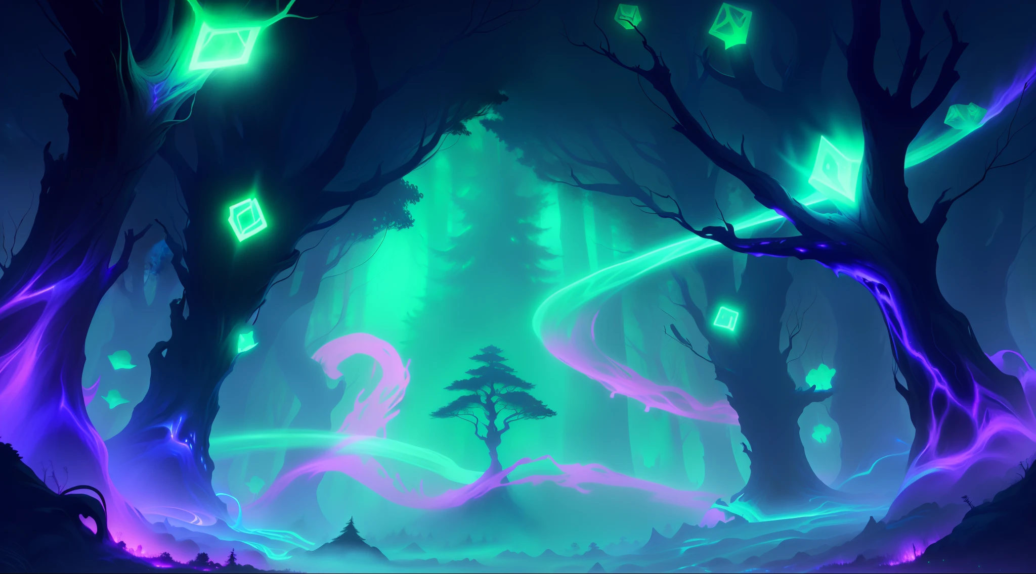 Animated animated scene of the forest，Trees glow，The lights glow, background artwork, arte de fundo, luminescent concept art, concept art magical highlight, radiant slime trail, neon glow concept art, painted as a game concept art, evil realm magic painting vibes, alien forest in background, glowing forest, painted in the style arcane, concept art of a dark forest