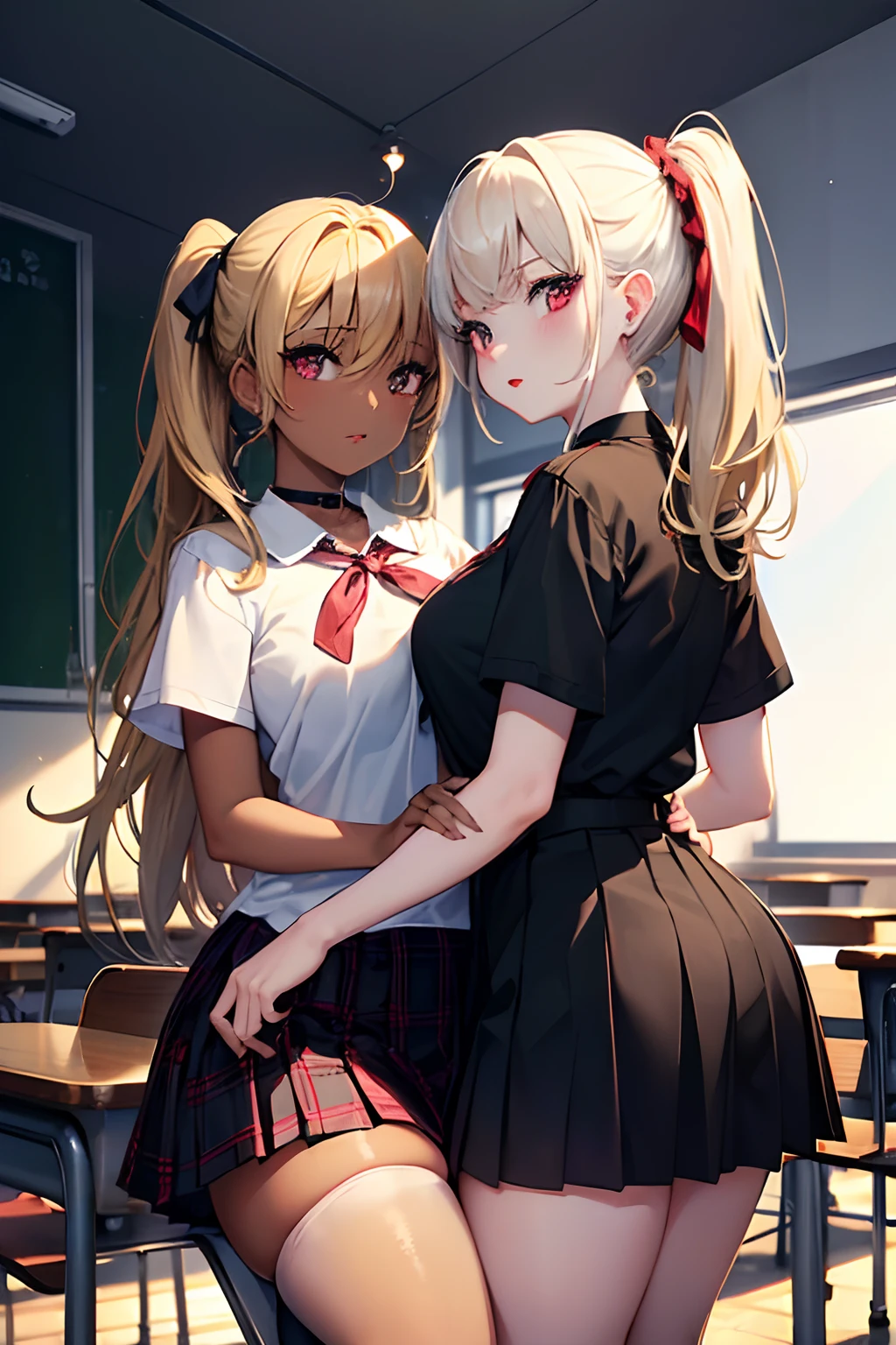 (2 Girls:1.5), (Hug:1.3), high school girls, smile, BRAKE, (masterpiece face, masterpiece eyes), ((One person has dark skin and blonde ponytail, one side up:1.3), (One person has white skin and long black hair:1.3)), BREAK, (long eyelashes, red lips), BRAKE, choker, piercing, Scrunchie on wrist, (white short sleeve blouse), (Navy plaid ribbon and pleated skirt), classroom, desks, chairs, (long_loose_socks), loafers, Huge_breasts, wide_lower back, thick thighs, professional lighting, best quality, masterpiece, ultra detailed, captures a super cute moment, depth of field, ultra high resolution, fine details, 16k wallpaper,