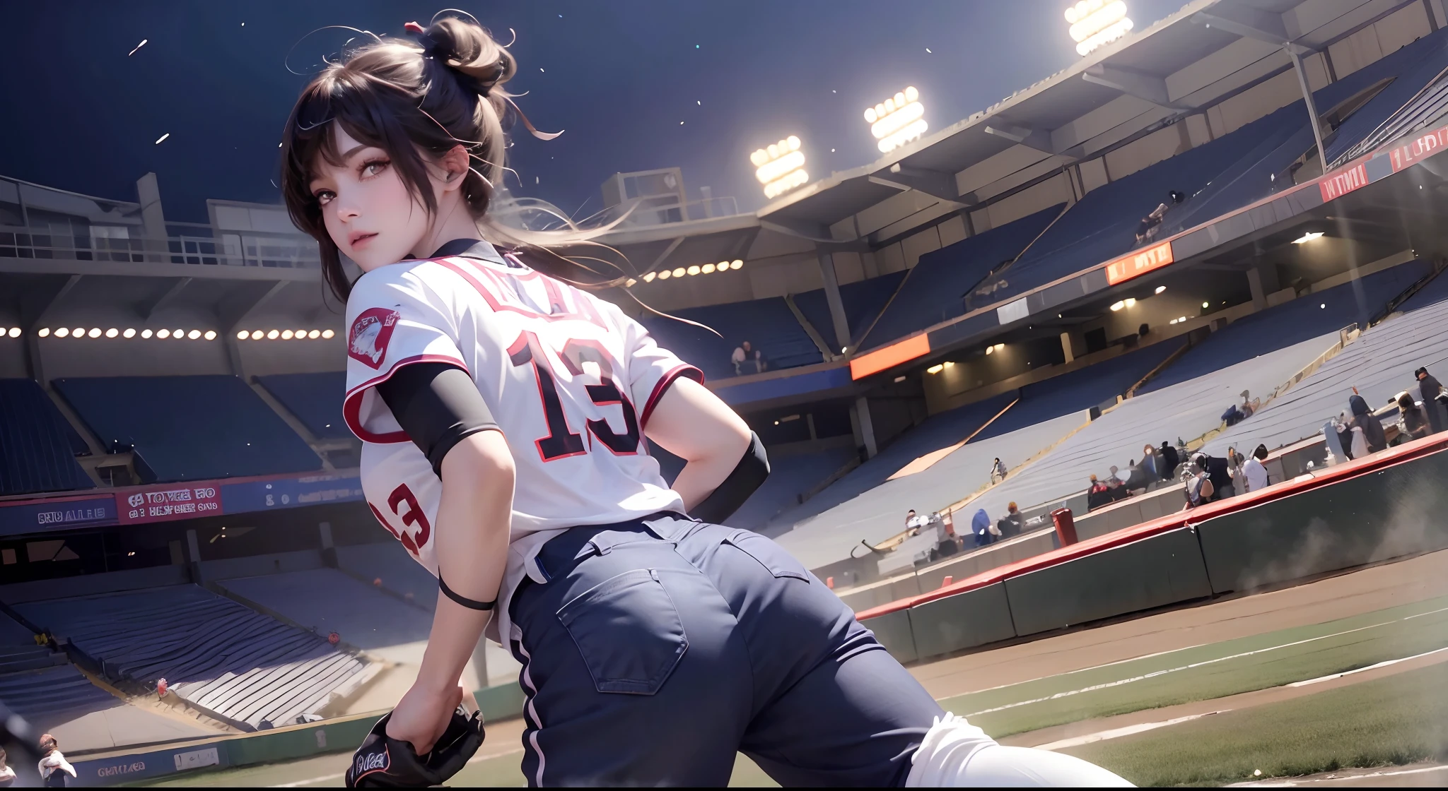 A female baseball player pitches,Baseball bat in hand,Batting dynamics(1.4),tmasterpiece,top Quority,super wide shot(1.5)(realisticlying,realisticlying:1.4),(RAW photos:1.4),Very delicate CG Unity 8K wallpaper,very delicate beautiful,Wonderful,The attention to detail,offcial art,absurderes,Incredibly Ridiculous res,hugefilesize,Very fine,very refined,Beautiful eyes and face(1.5),Beautiful exquisite eyes,light in face,one-girl,long whitr hair,(pompons)nabel,The upper part of the body,Baseball uniforms,He wears baseball gloves on his hands, baseball stadium, Bare arms, By bangs, ulzang-6500-v1.1