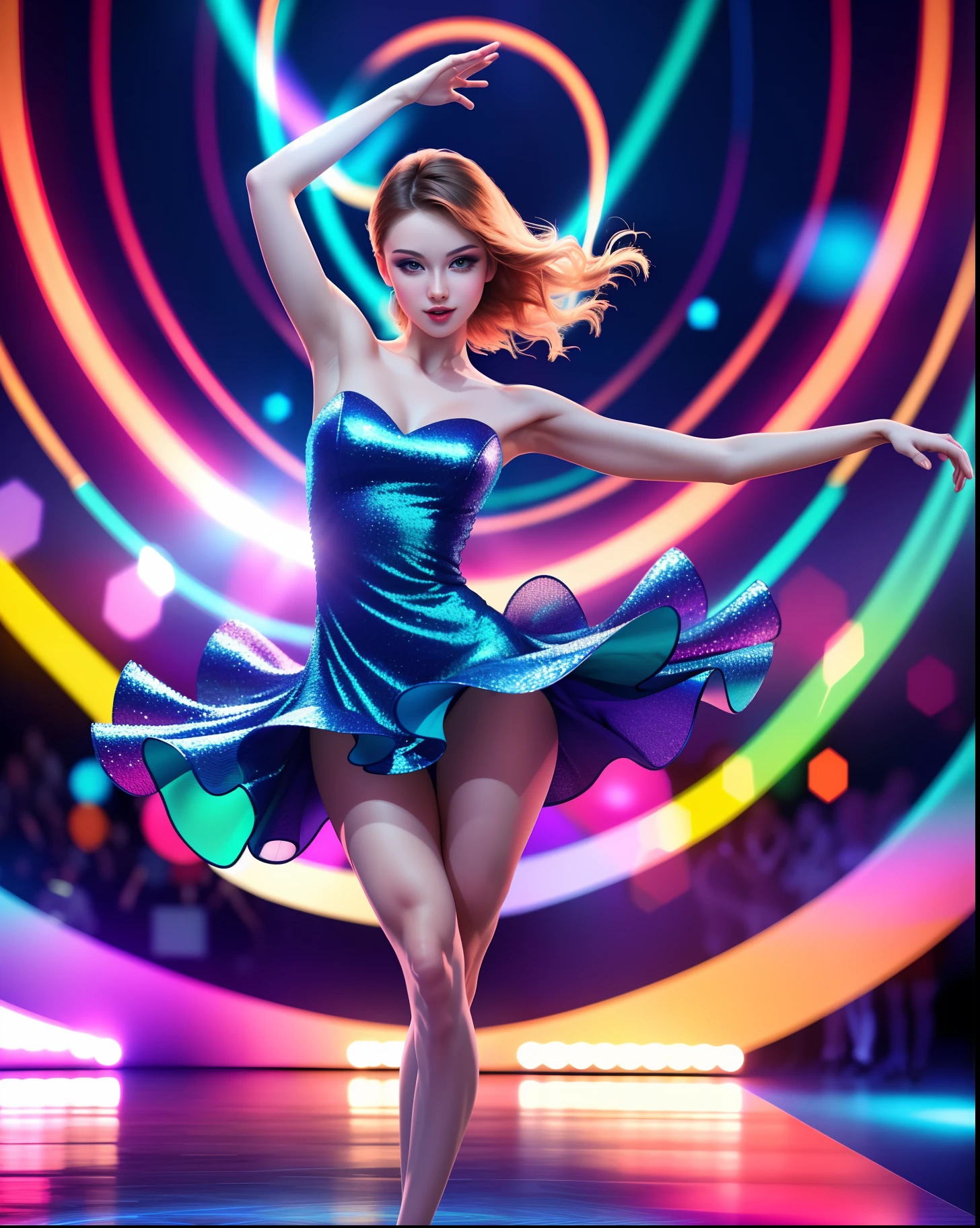 "(best quality,ultra-detailed,highres:1.2),long legged,beautiful woman dancing,short dress,dreamlike atmosphere,vibrant colors,flowing movements,dynamic pose,bokeh,chromatic aberration,default lighting,hauntingly beautiful,artistic interpretation"