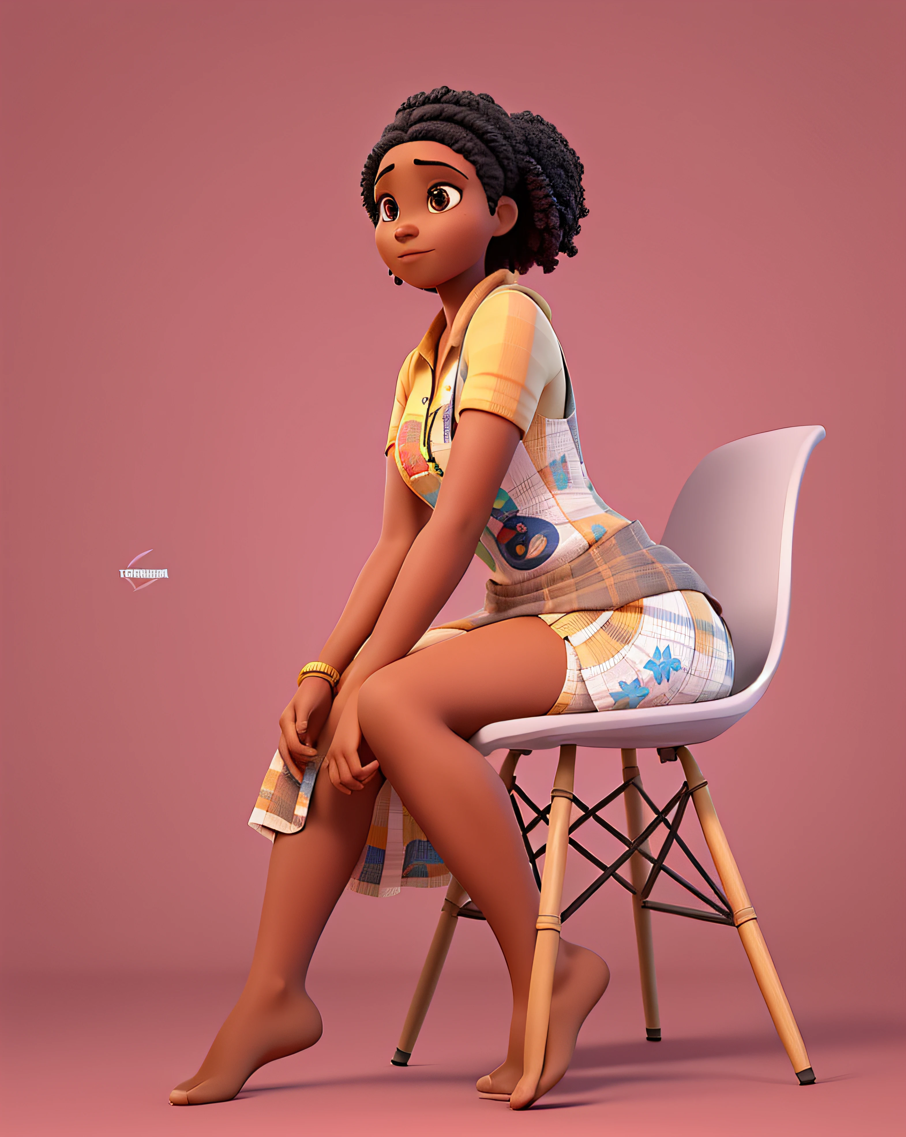 UMA MULHER NEGRA , TEM UM VESIDO CASTANHO COM TIRAS AZUIS E UMA RACHA NA PERNA ESQUERDA E ESTA DESCALCA ESTILO Disney Pixar, alta qualidade