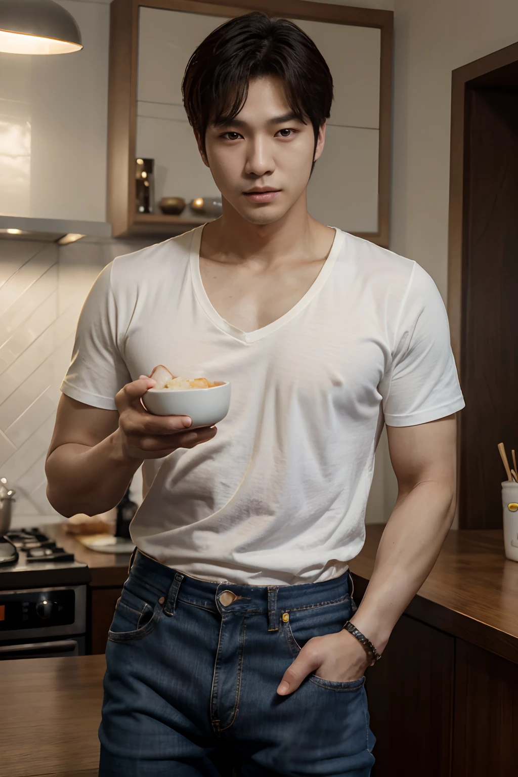 good hand,4k, high-res, masterpiece, best quality, head:1.3, (Korean male idol), finely detailed skin, sharp focus, (cinematic lighting), collarbone, morning, soft lighting, medium hair, dynamic angle, [:(detailed face:1.2):0.3], A young South Korean man savors spicy tteokbokki in casual jeans.