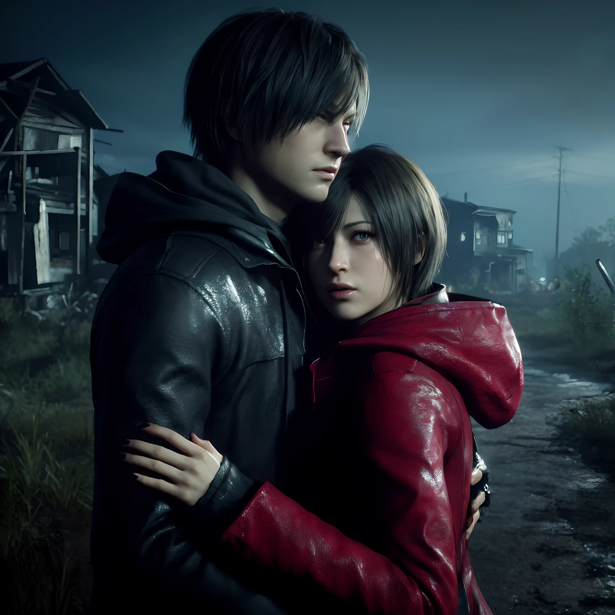 arafed image of a couple hugging in front of a house, background of resident evil game, silent hill game, resident evil, resident evil inspired, resident evil 1, crimson themed, game cg, 2020 video game screenshot, silent hill, hug, red and cinematic lighting, resident evil 7, style game square enix, square enix cinematic art