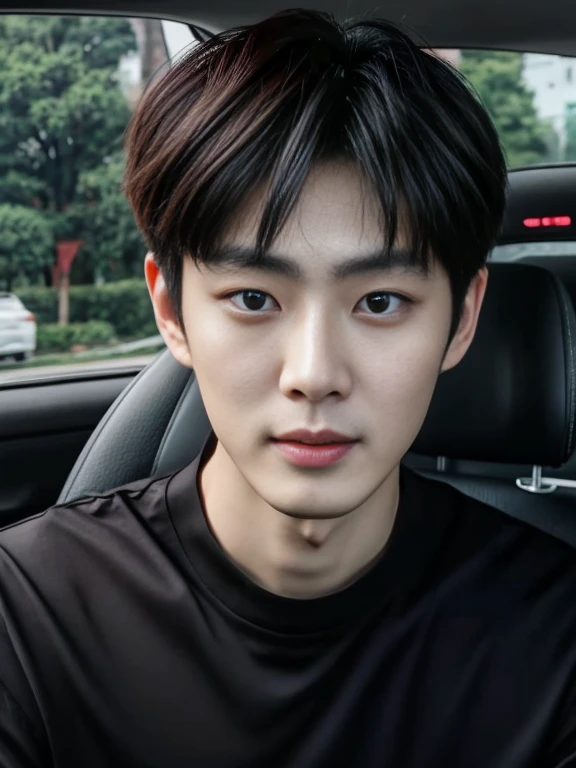 Asian man in a car in a black shirt, wan adorable korean face, Shin Jinying, Male ulzzang, jung jaehyun, young lovely Korean faces, inspired by Yanjun Cheng, Inspired by Zhang Han, yanjun cheng, Kim Do-young, perfect face and boy, A handsome man,with short black hair, Good looking face