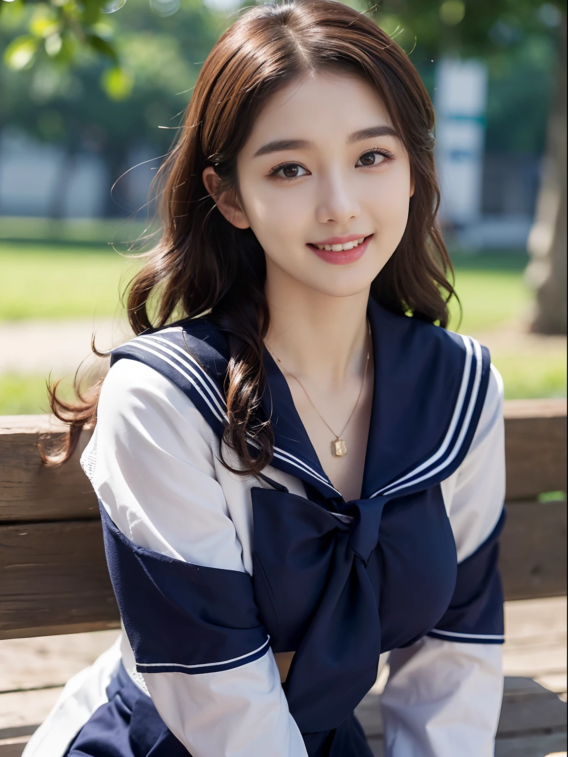 (highest quality,masterpiece:1.3,ultra high resolution),(Super detailed,caustics,8k),(photorealistic:1.4,RAW shooting),18-year-old,Japanese,cute,black short ponytail,Smiling and looking at the camera,sailor suit,forward leaning posture,shot from the waist up,(face focus:1.2),(Face close-up:1.2),(low position:1.3),(Low - Angle:1.4),blue sky,Natural light